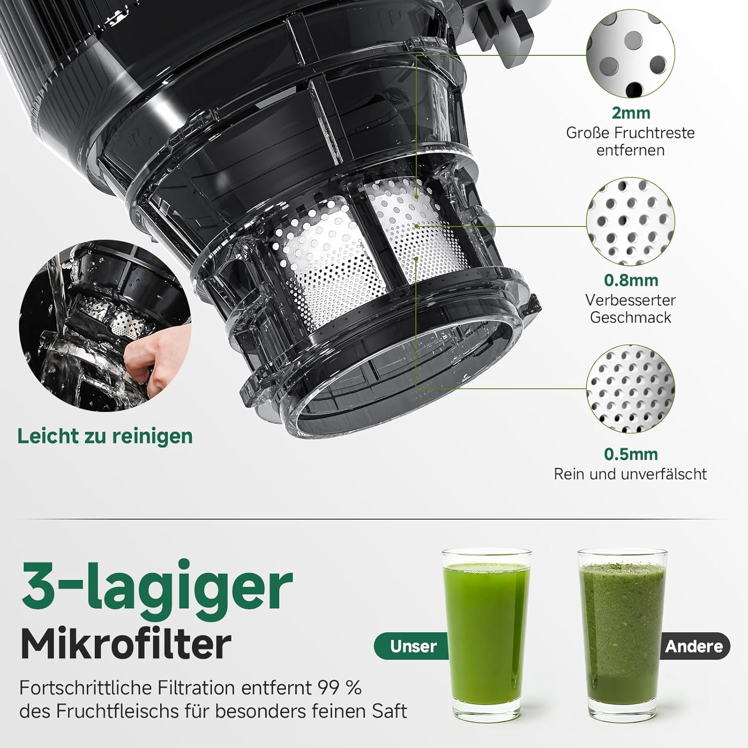 AMZCHEF 250W Automatischer All-In-One-Entsafter, 150mm Öffnung und 2L Kaltpress-Entsafter für Gemüse und Obst, Entsafter Slow Juicer Testsieger mit Dreifachfilter - Schwarz – Bild 4