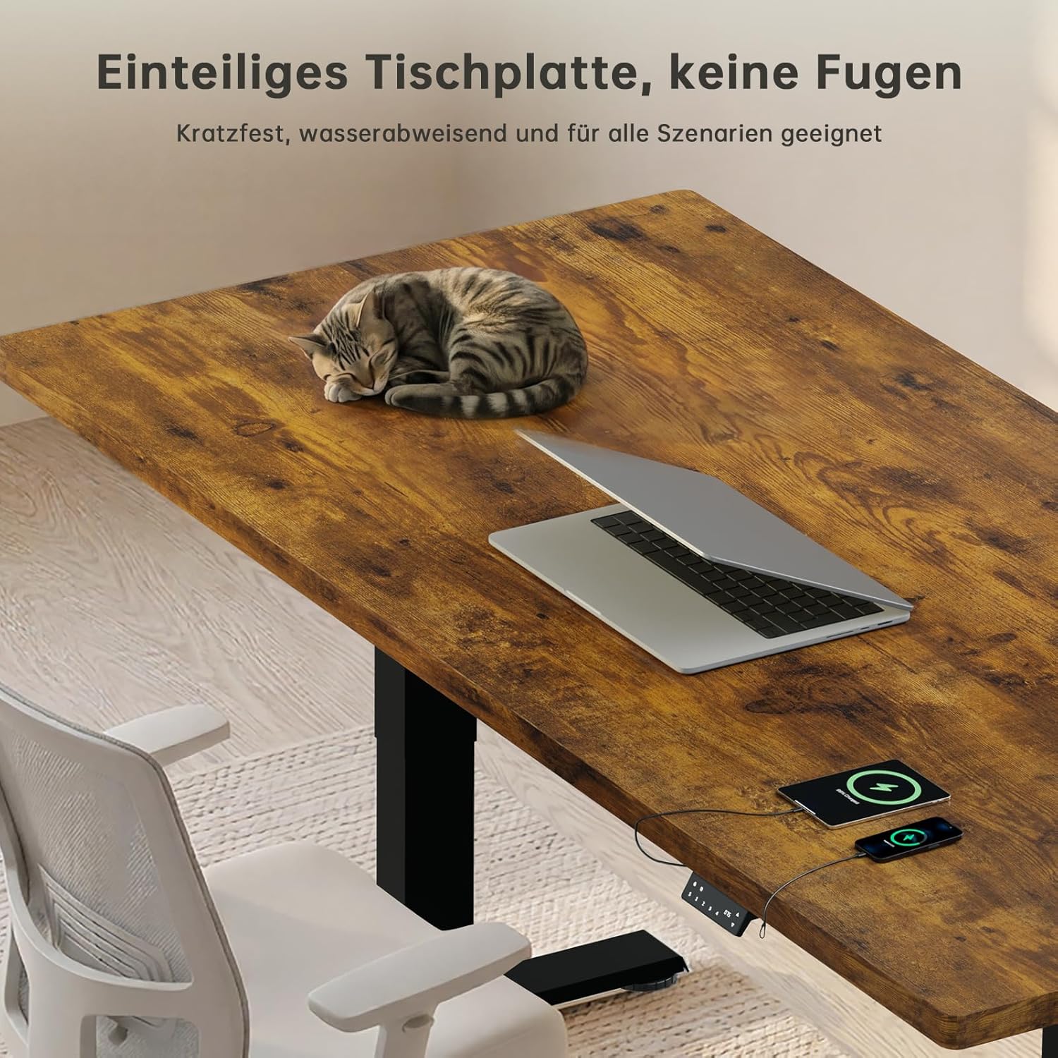 Devoko Höhenverstellbarer Schreibtisch mit 2 Motoren, 25 mm einteilige Tischplatte, 160 x 80 cm, elektrischer Computertisch mit Kabelmanagement, Vintage-Braun, perfekte Ergonomie für Ihr Büro – Bild 4