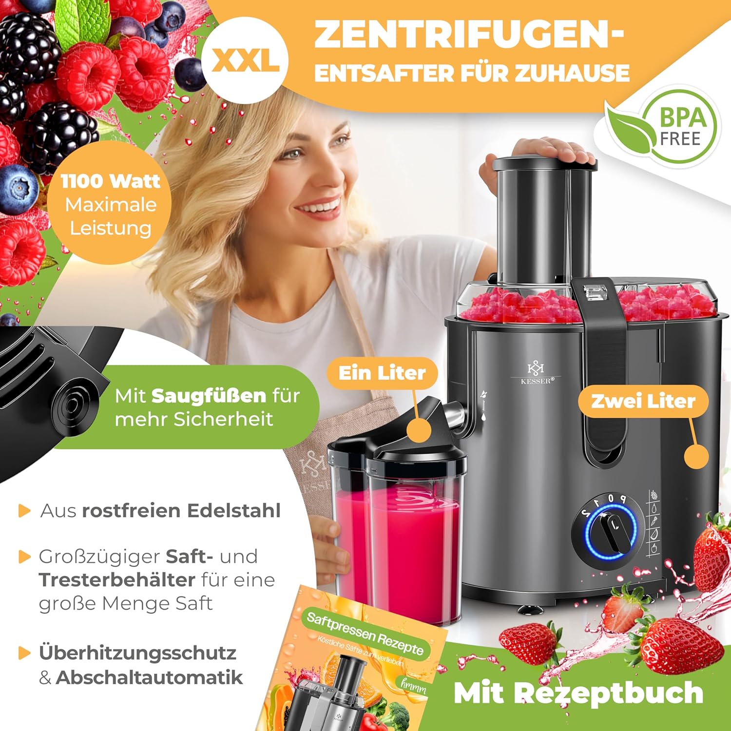 KESSER Zentrifugen-Entsafter für Obst, Gemüse aus Edelstahl, 1100 W, großes Einfüllrohr, 3 Ebenen, elektrischer Zentrifugal-Entsafter + Bürste, Saftbehälter, Rezeptbuch anthrazit – Bild 3