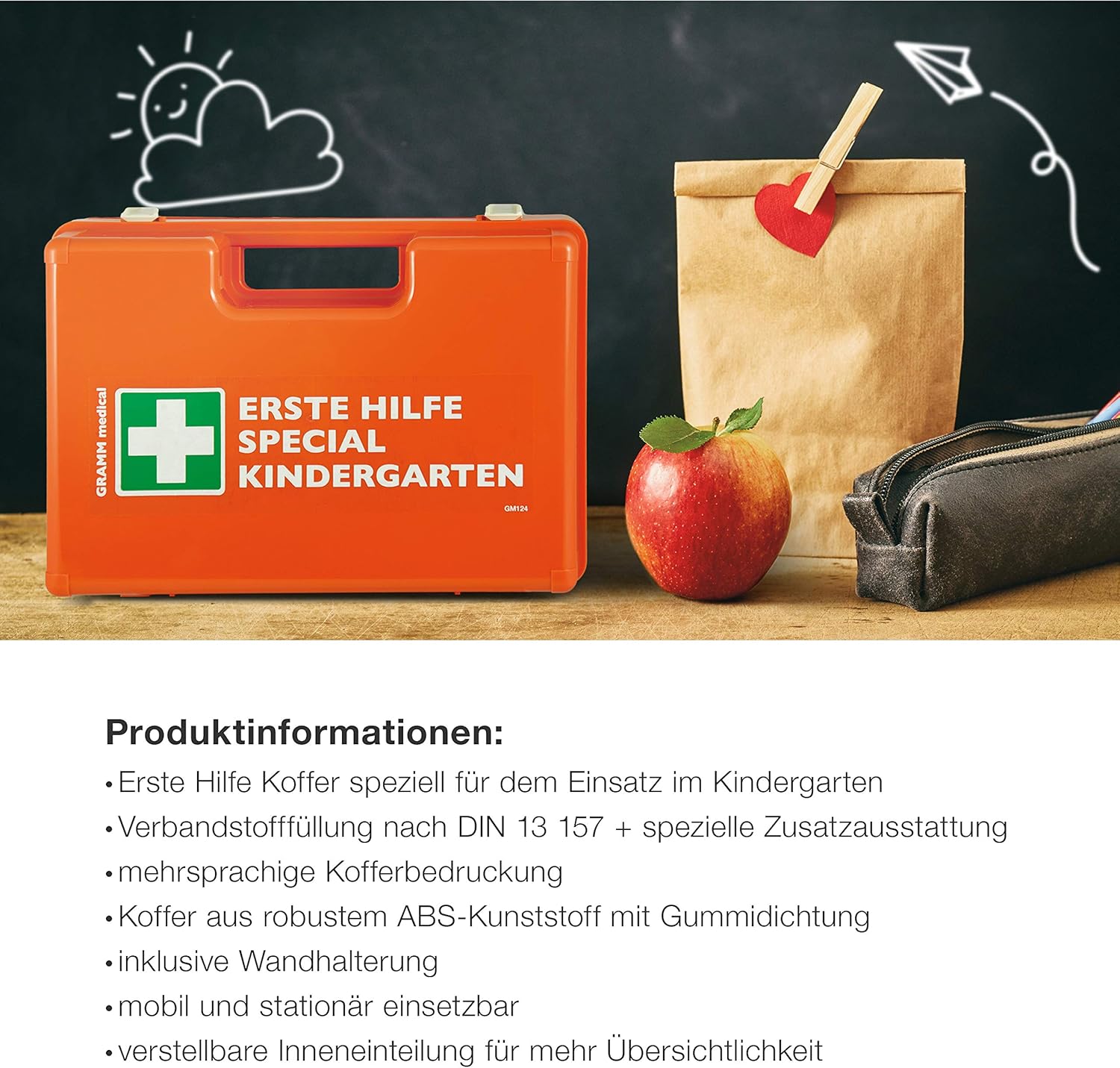 ACTIOMEDIC Erste-Hilfe-Kasten Kindergarten DIN 13157:2021, Notfallkoffer mit Wandhalterung, mehrsprachige Beschriftung, Orange, 34 x 12 x 24 cm – Bild 4