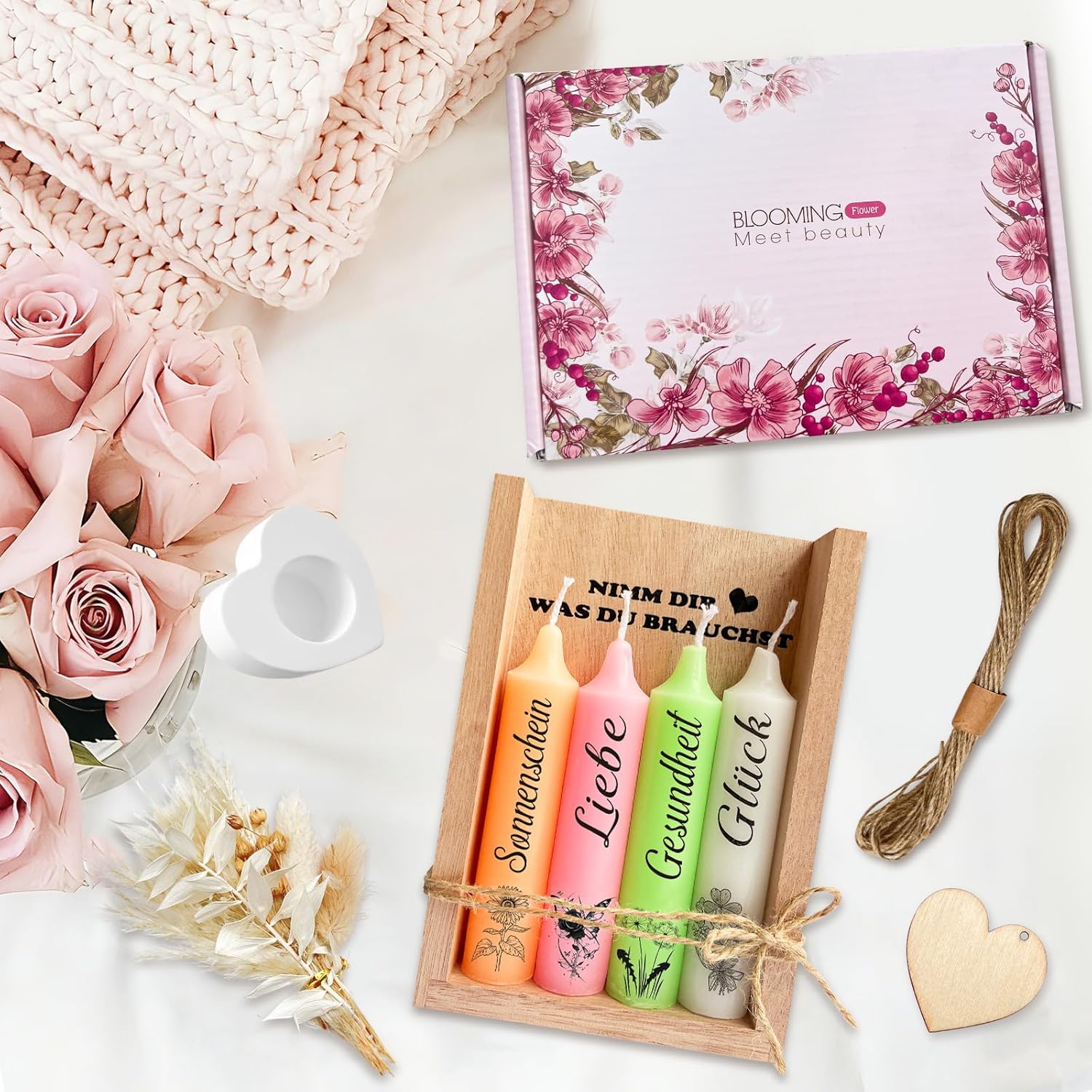 Kerzenset mit Kerzenständer, Geschenke für Frauen, Geschenke für Mama Freundin Schwester Kollegin zum Geburtstag, NIMM DIR WAS DU BRAUCHST Kerzen, Kerzen Deko Geschenkidee mit Holzbox Trockenblumen – Bild 6