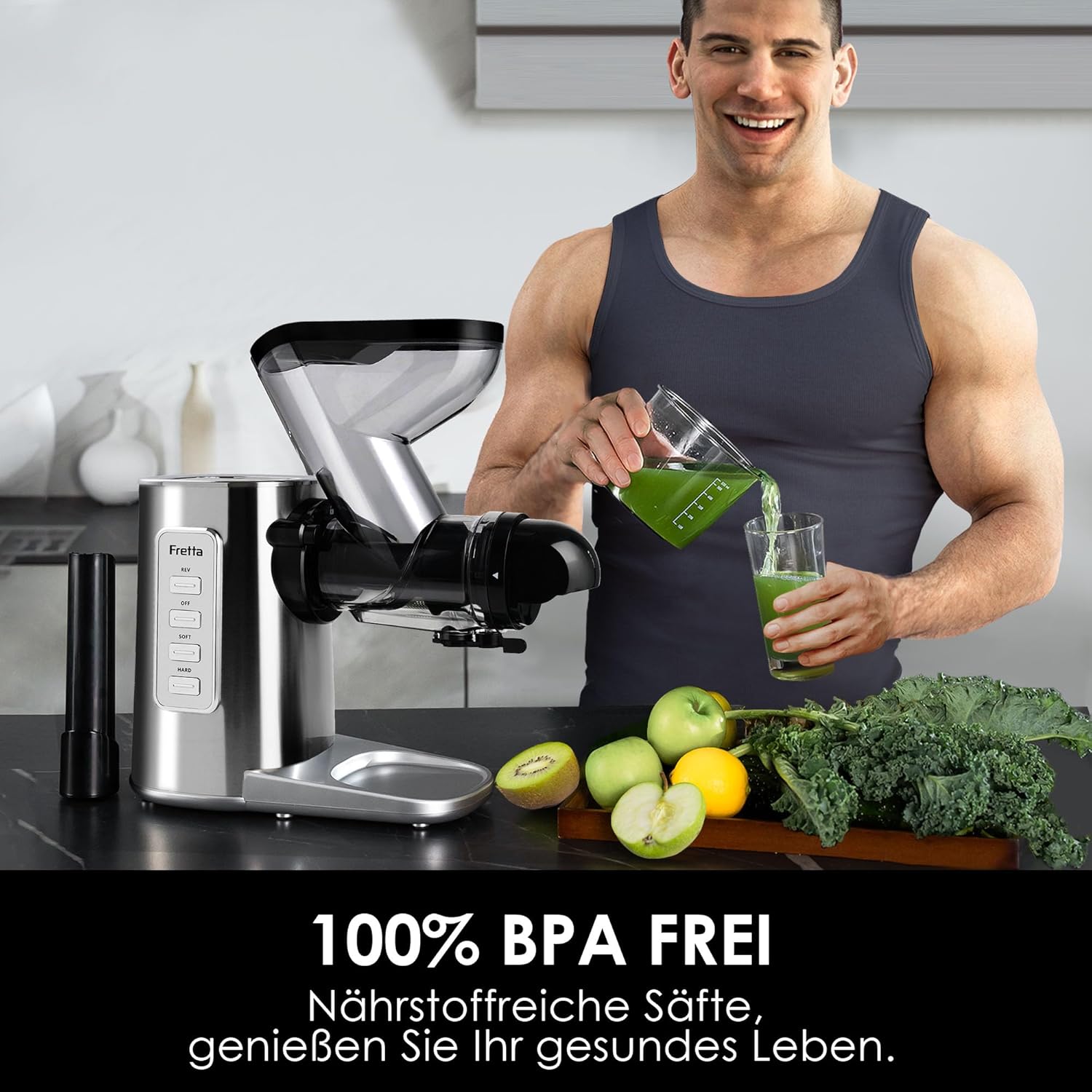 Fretta Slow Juicer Entsafter Gemüse und Obst Gemüse Testsieger 76mm Öffnung Obstpresse Elektrischer Entsafter Äpfel Sellerie Entsafter Maschine Kauende Gemüsepresse BPA-frei (Edelstahl) – Bild 2