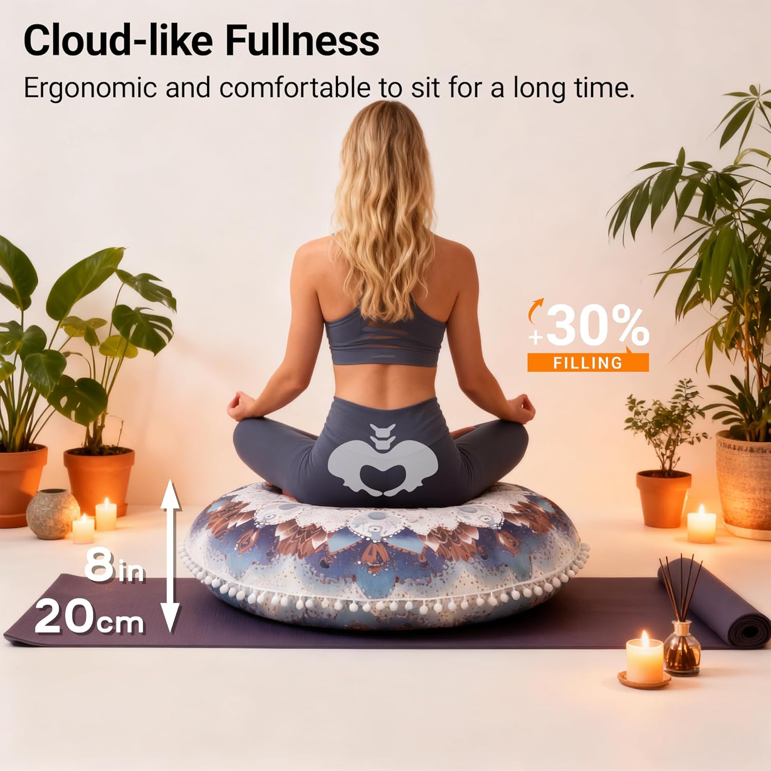 Meditations-Bodenkissen, rundes Sitzkissen mit waschbarem und abnehmbarem Bezug, 80 cm großes ergonomisches Yoga-Kissen mit Pompon-Dekoration, für drinnen und draußen, hellblau – Bild 3
