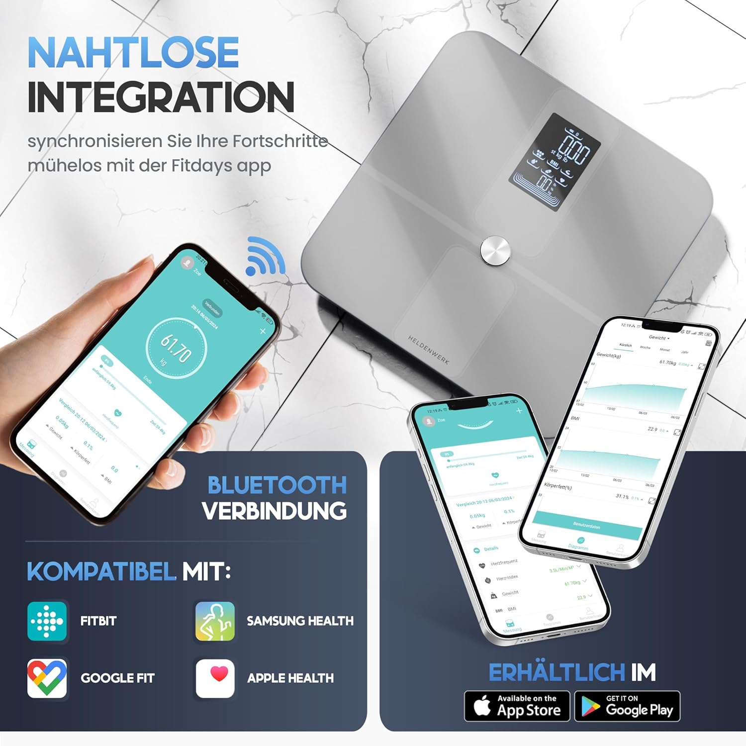 HELDENWERK Personenwaage Körperfettwaage Personen mit App & Vollflächensensor 180 kg / 400 lbs, Digitale Körperwaage, Bluetooth Körperanalysewaage für Körperfett, BMI, Muskelmasse, Protein, BMR – Bild 5