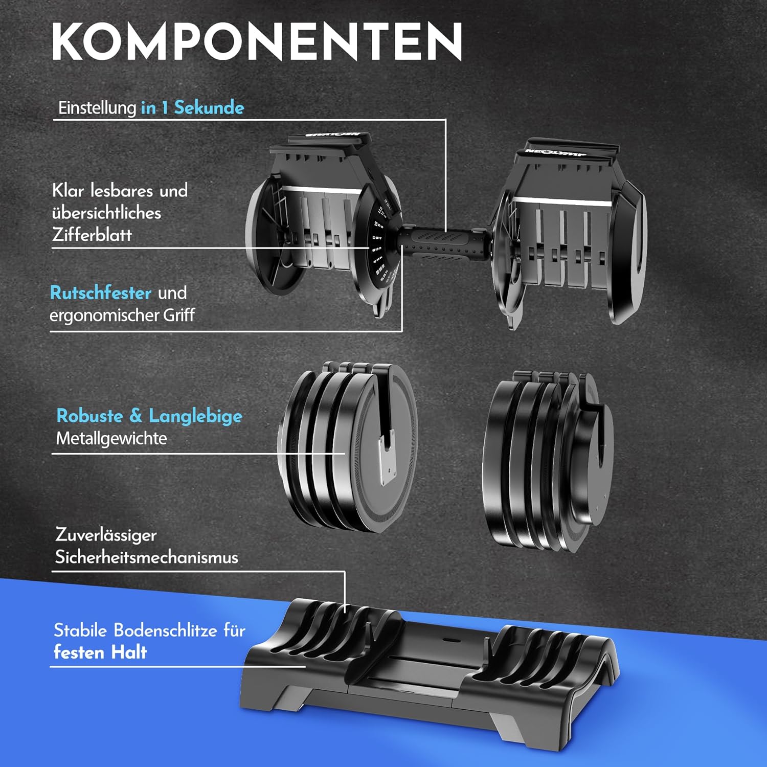 NEOLYMP Hantel verstellbar 40 kg – 12 Gewichtsstufen mit Drehgriff – Hantel ergonomisch, rutschfest und platzsparend – verstellbare Hanteln für Damen und Herren – Hanteln mit Gewichten – Bild 4