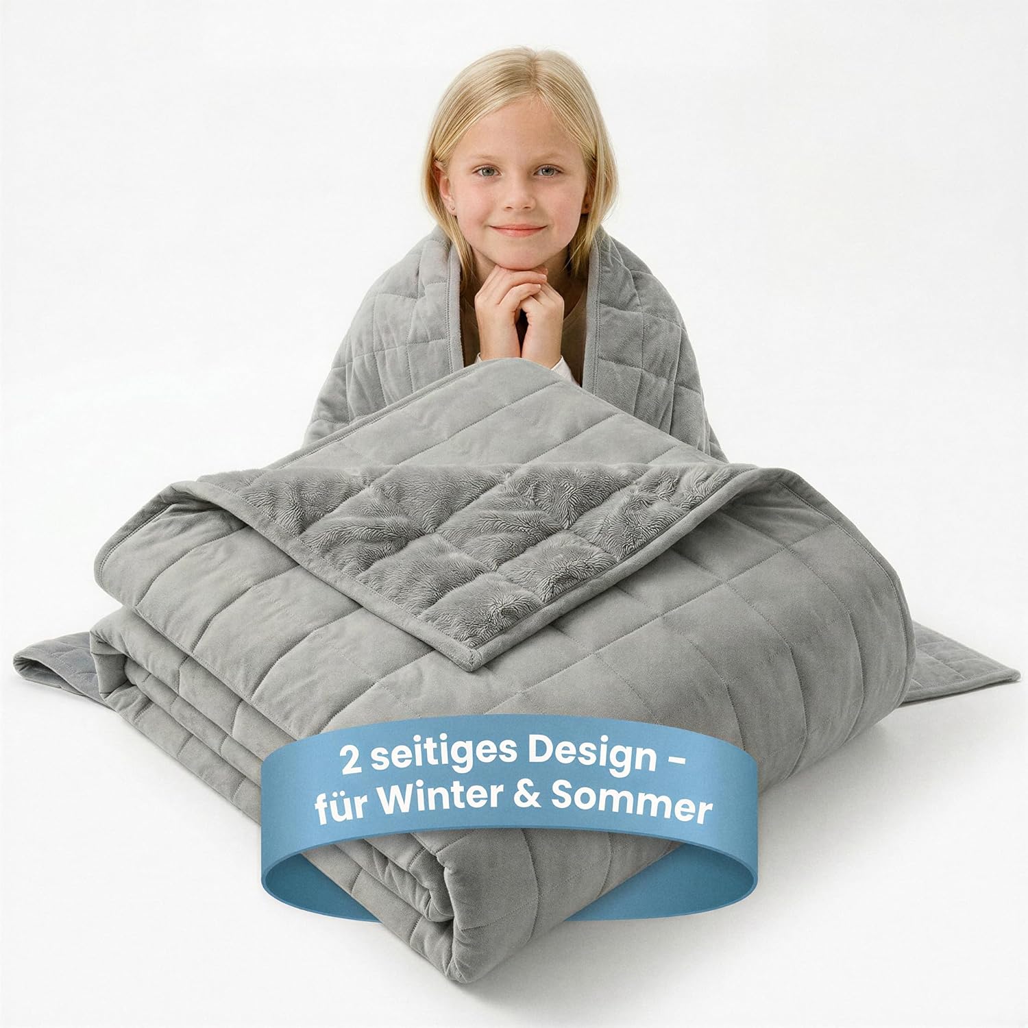 Gewichtsdecke Kinder 100 x 135 cm 2,5 kg – Öko-Tex 100 zertifiziert, Therapiedecke Kinder mit 2 Seiten für Winter & Sommer & optimale Gewichtsverteilung