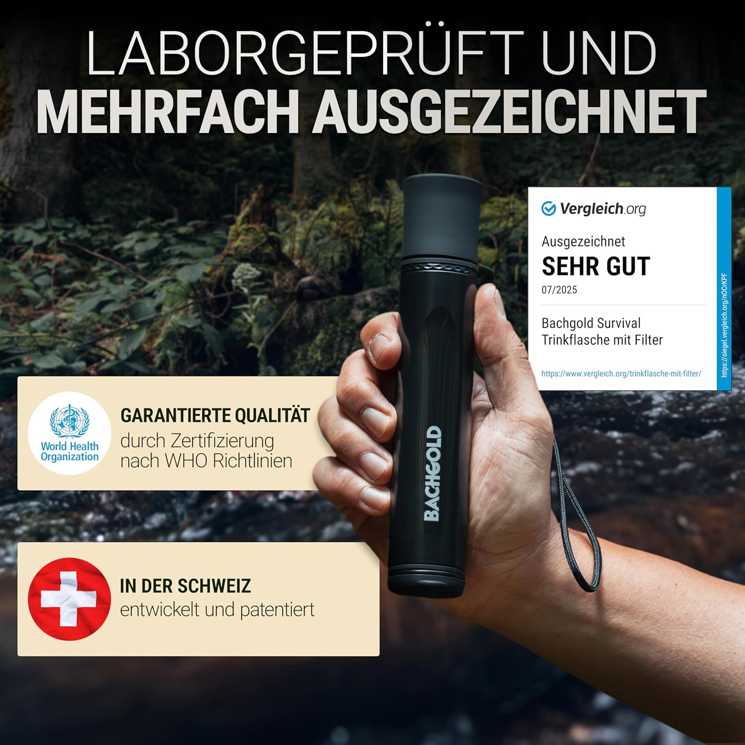 Bachgold Strohwasserfilter Outdoor Survival – Entfernt 99,99 % Viren, Bakterien und Protozoen – 2-stufige Elektroadsorption mit 70 cm Schlauch – Ultraleicht für Camping, Wandern und Notfall, Schwarz – Bild 2