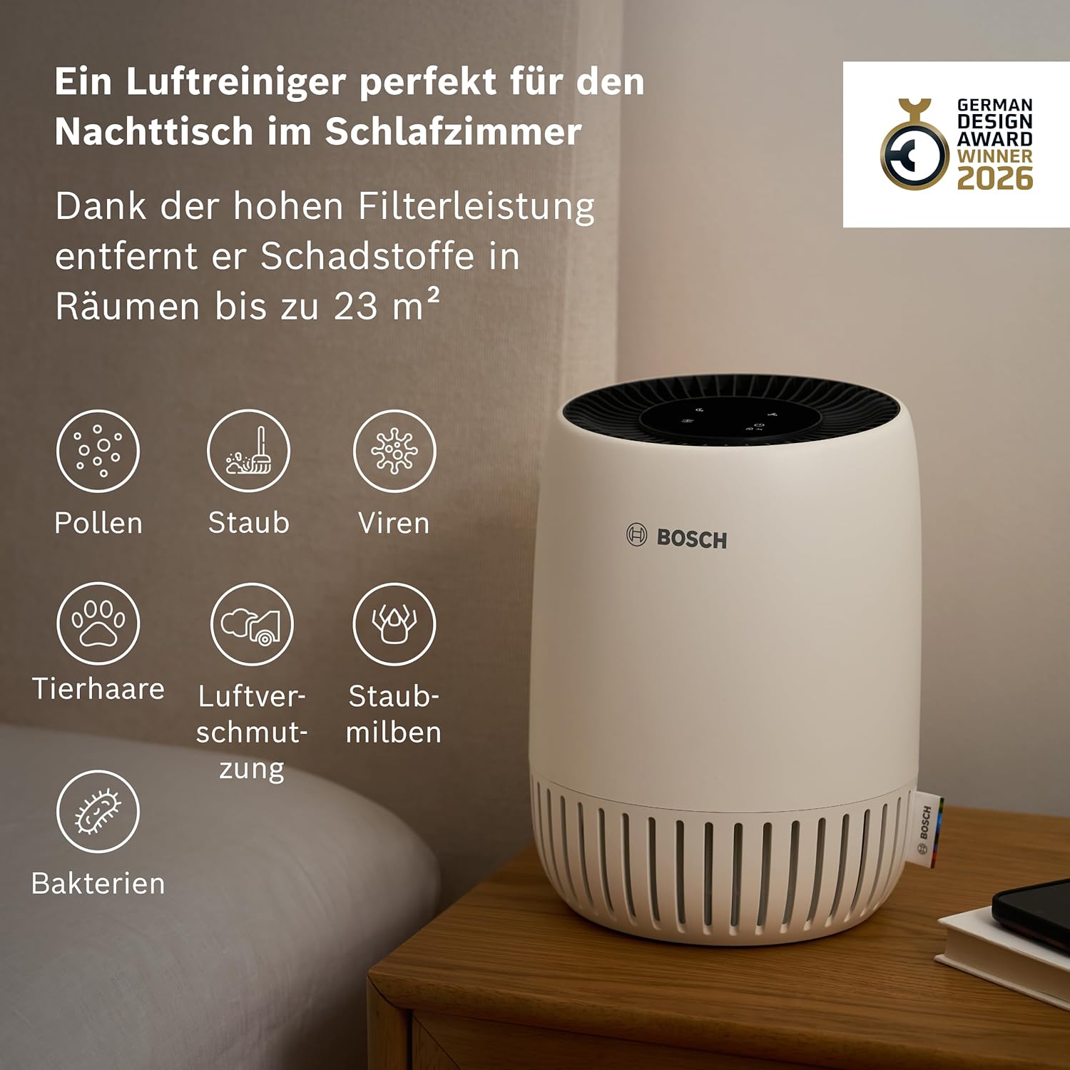 Bosch Air 500 Luftreiniger – Für Räume bis 20 m² – Entfernt effizient Schadstoffe – Mit 2-in-1-Luftfilter, Smart Sensor, Automatikmodus, Schlafmodus (< 25 dB(A)) – CADR: 70 m³/h – Bild 2