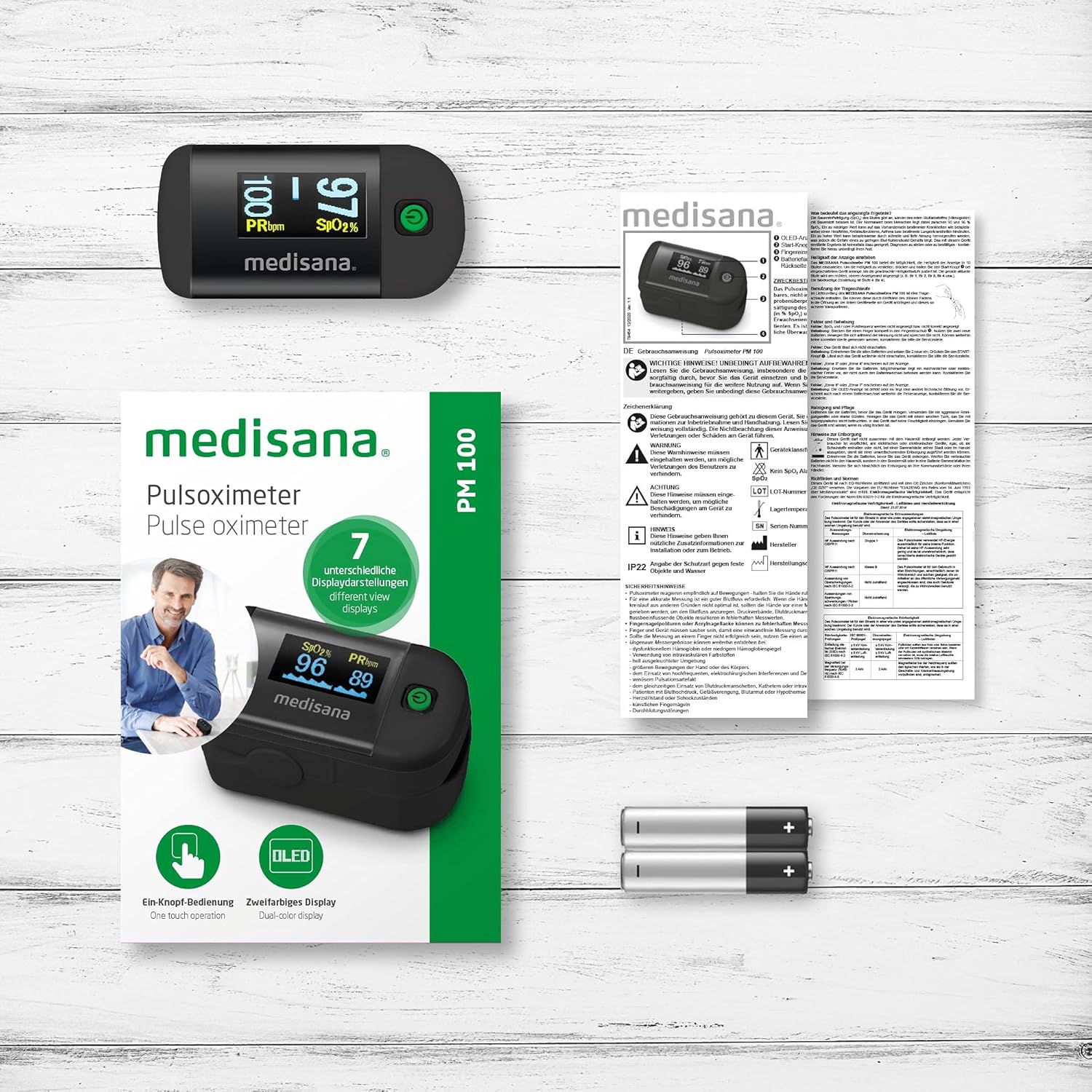 Medisana PM 100 Pulsoximeter, Messung der Sauerstoffsättigung im Blut, Fingerpulsoximeter mit OLED-Display und One-Touch-Bedienung in Schwarz – Bild 6
