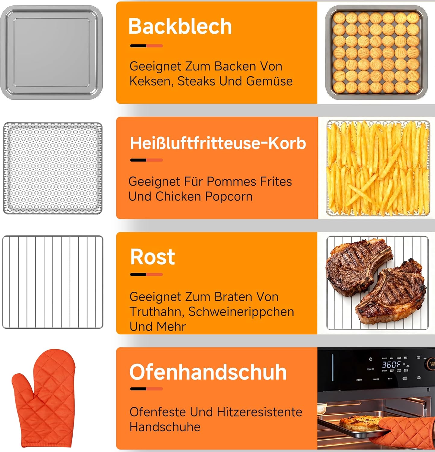 OUNIN Dampfbackofen 18 L, 11-in-1-Ofen mit Dampffunktion, Dual-Cook, Backen, Braten, Trocknen und Selbstreinigung, 360° gleichmäßige Wärmeverteilung, Edelstahl-Innenraum, platzsparend – Bild 6