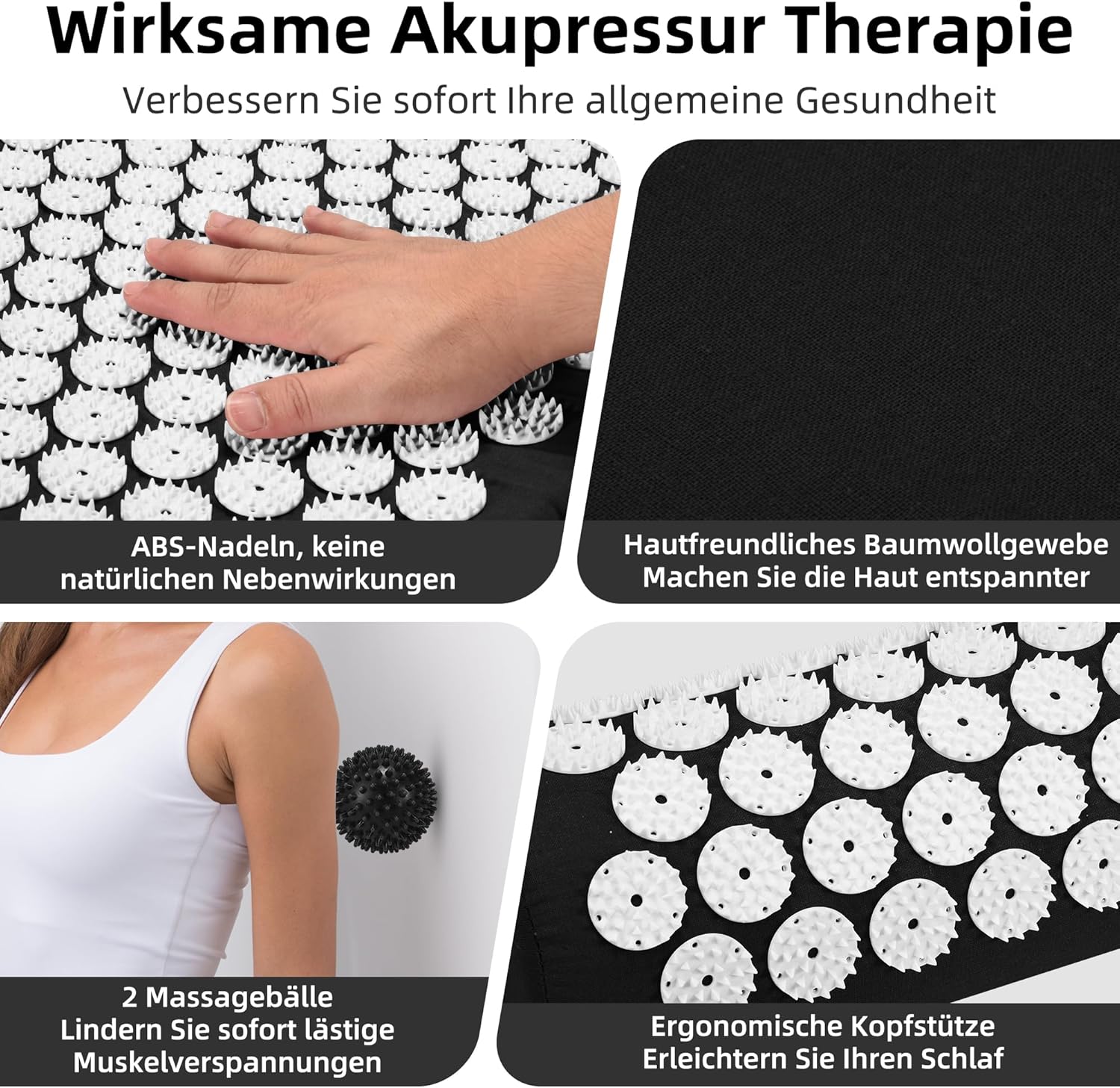 Akupressurmatte Akupunkturmatte mit Kissen gegen Nacken- und Rückenschmerzen, Akupressurmatte für Magnetfeldtherapie, inklusive Tragetasche und zwei Massagebällen für Damen und Herren, Schwarz – Bild 4