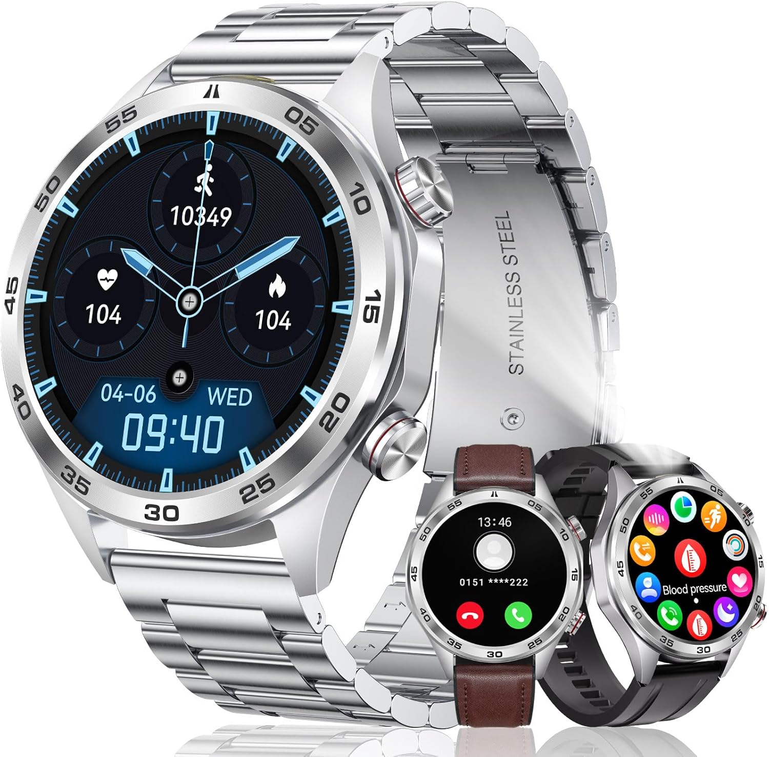 MEGALITH Smartwatch Herren Fitnessuhr: Telefonfunktion Runde Fitnessuhr mit 3 Armbändern – Blutdruckmessung Herzfrequenzmesser Smart Watch Silber Wasserdicht