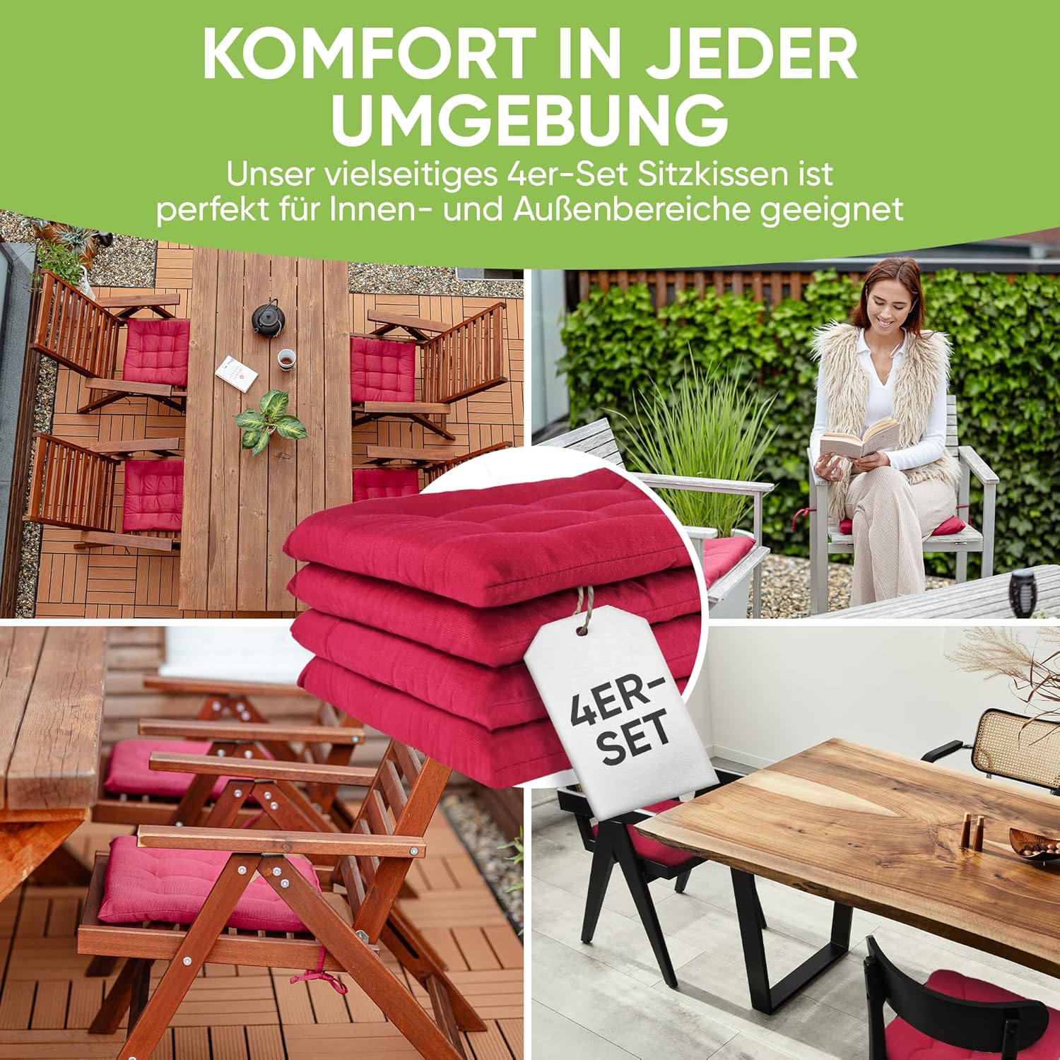 Gräfenstayn®, 4er-Set Sitzkissen, 40 x 40 x 3 cm, mit Bändern, für den Innen- und Außenbereich, mit Öko-Tex-Siegel – Bild 4