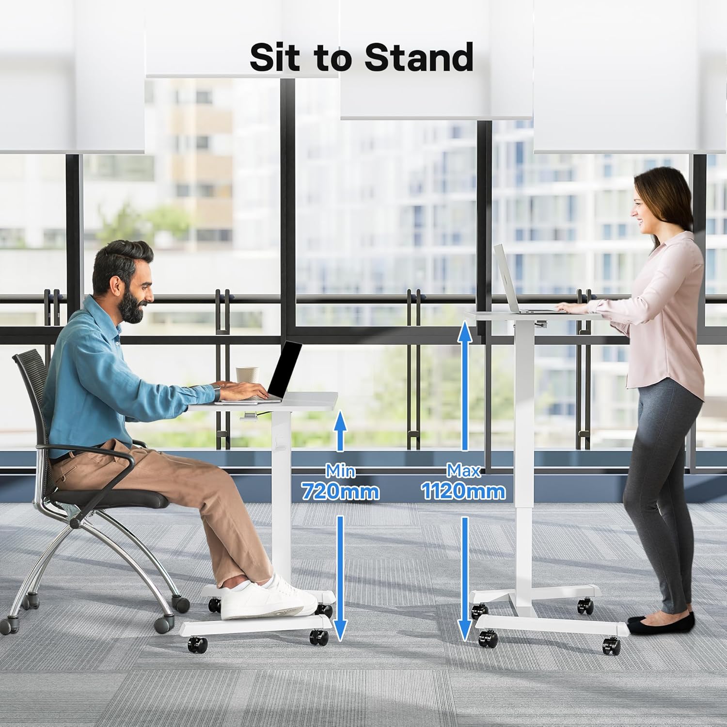 BONTEC 65 x 45 cm Stehpult, höhenverstellbarer Stehtisch mit 4 Rollen, Steh-Sitzschreibtisch mit Rollen, Überbetttisch für Wohnzimmer, Laptoptisch höhenverstellbar, max. 15 kg, weiß – Bild 3