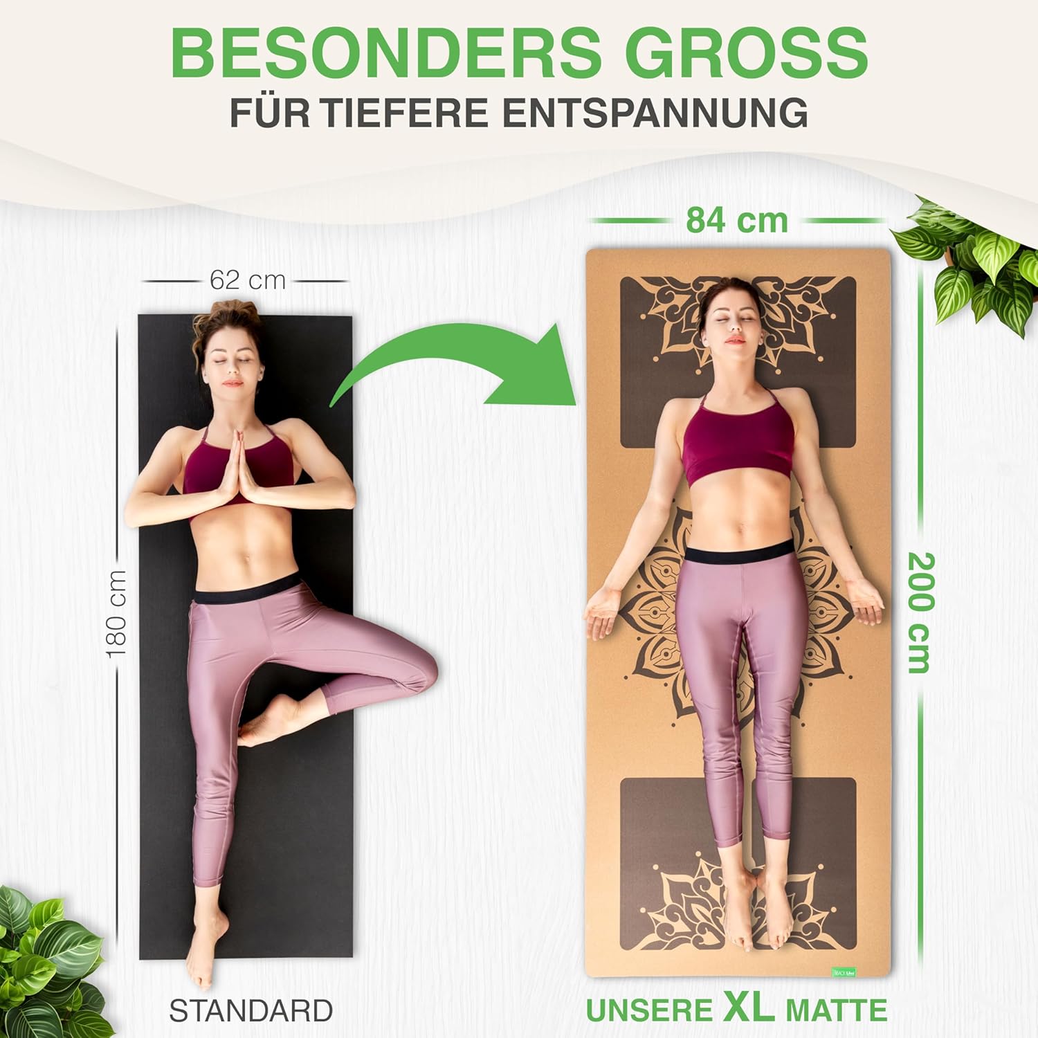 BACKLAXX ® Yogamatte Kork XXL (+50 % mehr Oberfläche) mit Naturkautschuk – Yogamatte nachhaltig, schadstofffrei, Yogamatte rutschfeste Fitnessmatte mit Anti-Rutsch-Zonen inkl. – Bild 2