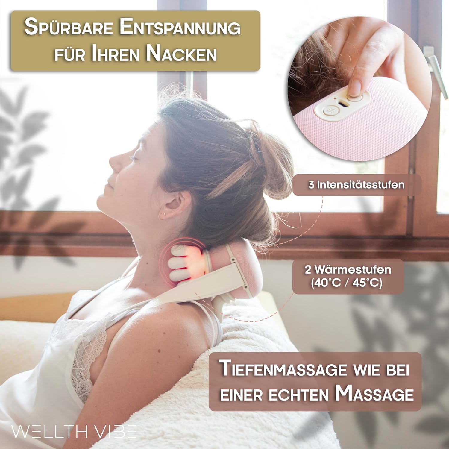 Nackenmassagegerät mit Wärme, Shiatsu-Massagegerät für Nacken, Schulter und Rücken, 4D-Tiefenmassage wie echte Hände, kabellos elektrisch, 3 Intensitätsstufen, tragbar für Zuhause, Büro, Auto – WELLTH VIBE – Bild 3