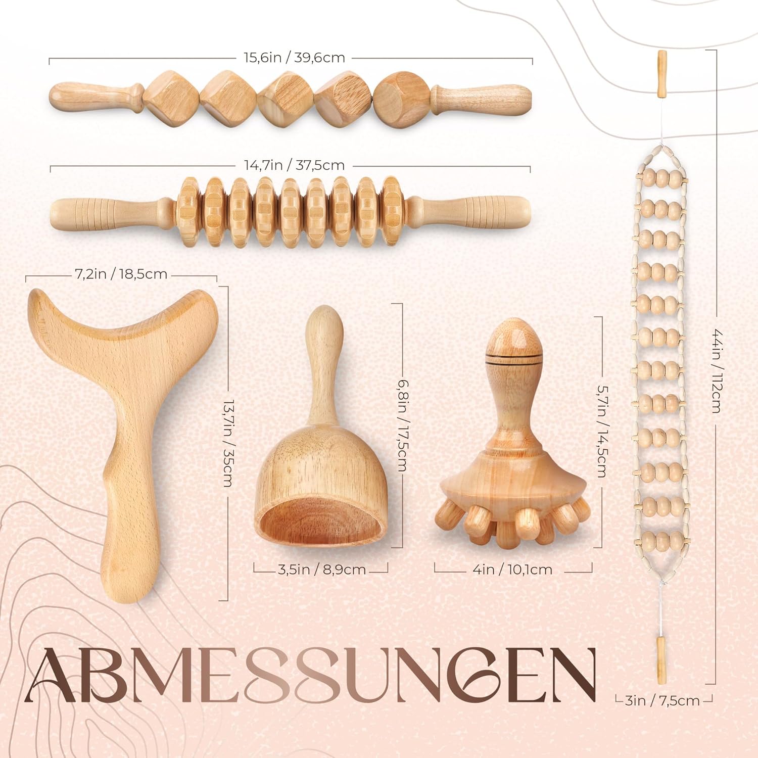 Ezero Maderotherapy 6er-Set – Professionelles Maderotherapy-Massageset aus Holz & Holztherapie-Massagewerkzeuge mit Faszienstab – für Lymphdrainage, Anti-Cellulite-Massage und Körperformung – Bild 7