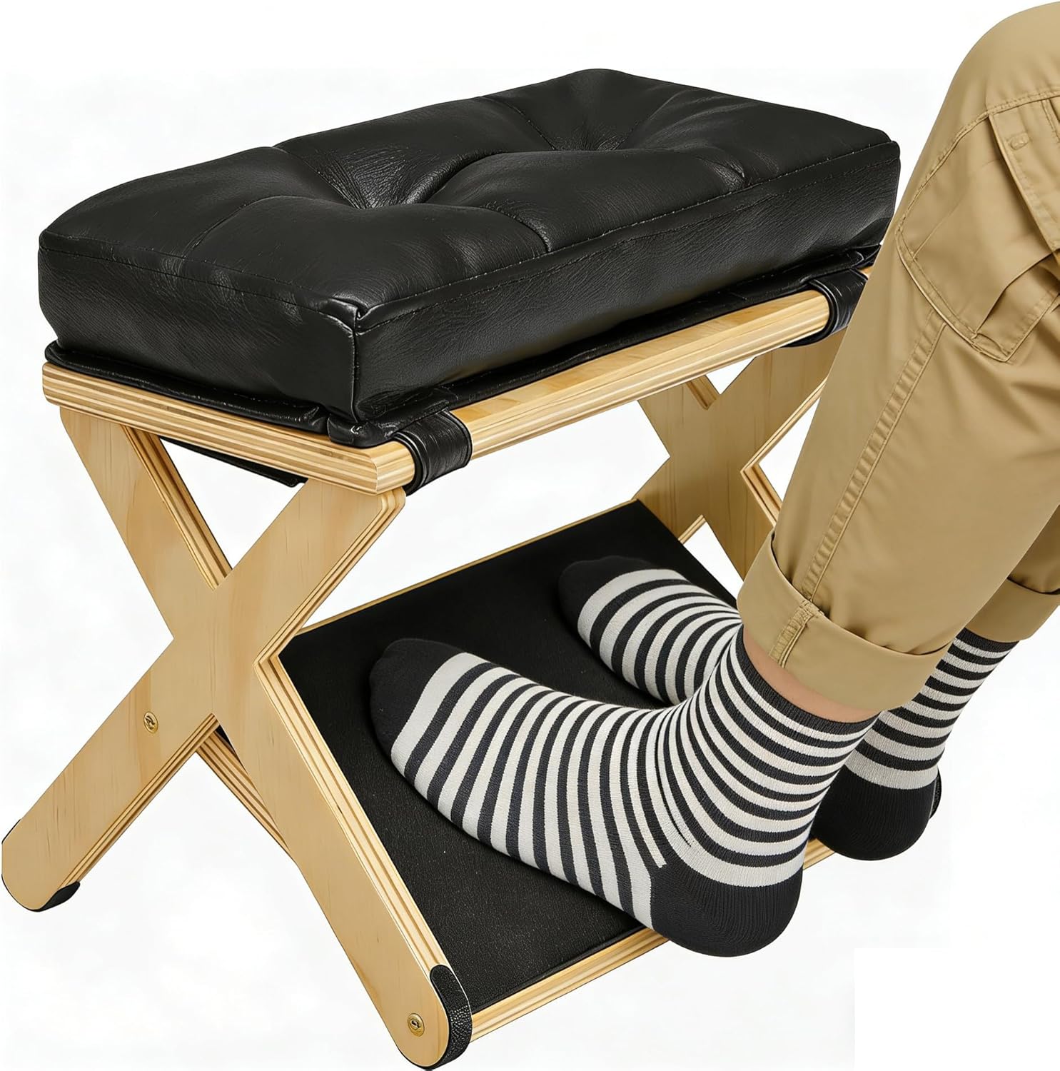 2-in-1 Fußstütze Schreibtisch, Höhenverstellbarer Fußhocker, Ergonomischer Fußhocker aus Holz mit Weichem, Rutschfester Fußhocker für Büro Auto, Ottoman Fußstütze Stuhl für Vanity