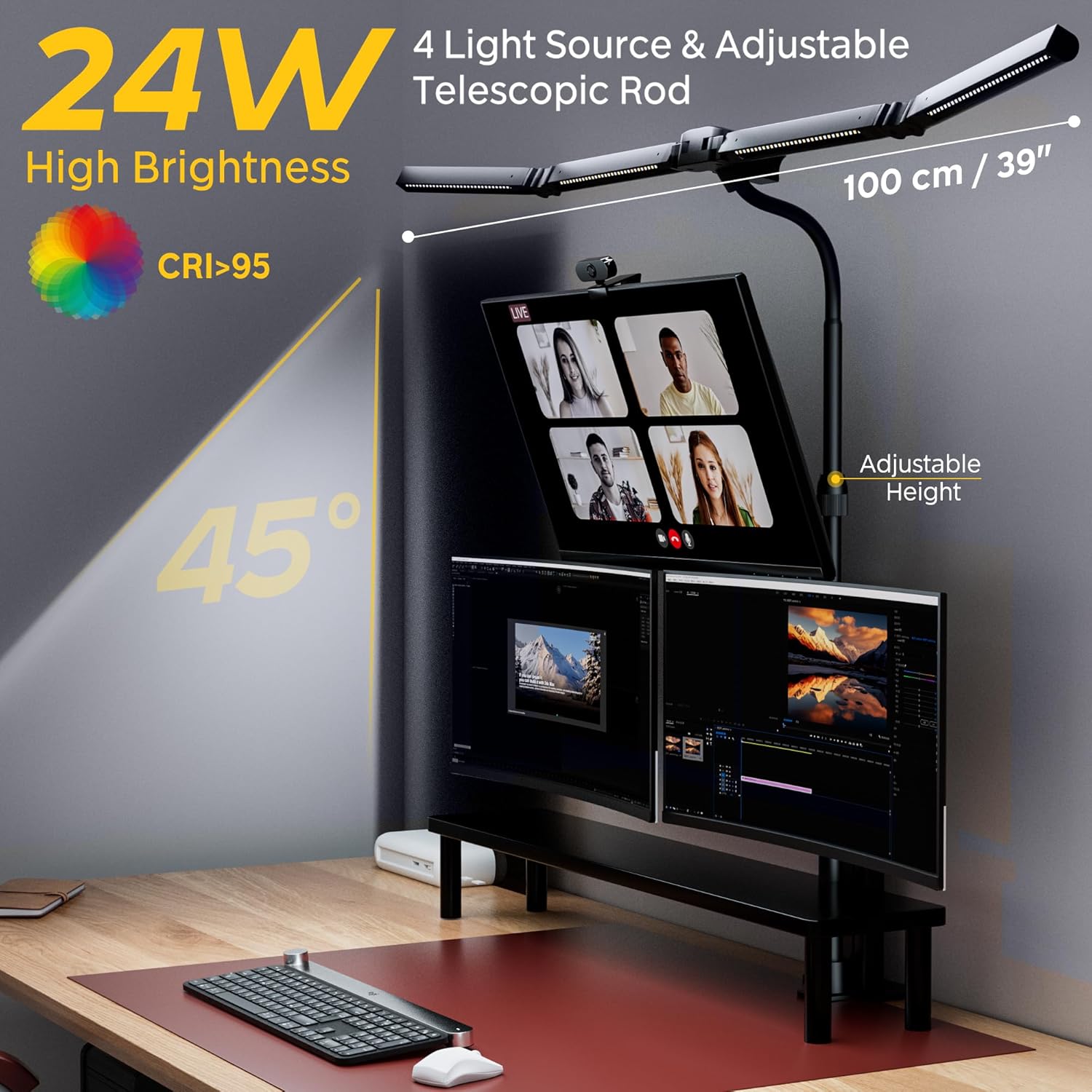 EYOCEAN Schreibtischlampe, 4 Lichtquellen, Teleskopstange mit verstellbarer Höhe, 24 W 100 cm Tageslichtlampe Schreibtisch mit Fernbedienung, dimmbare Monitorlampe, Schwanenhals-Büro-Tischlampe – Bild 2