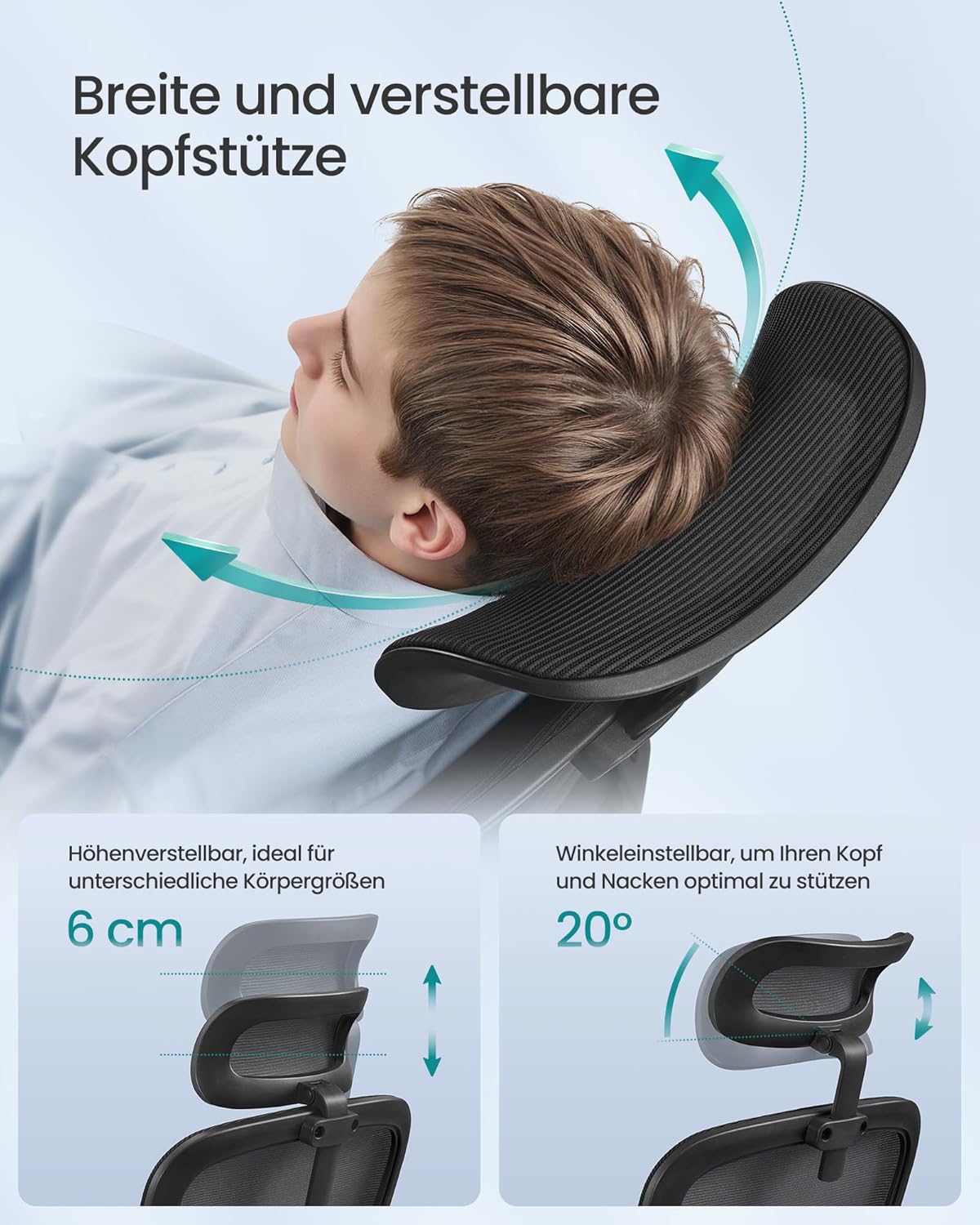 SONGMICS Bürostuhl, Schreibtischstuhl, ergonomischer Netzstuhl, doppellagiges Netzgewebe, atmungsaktiv, adaptive Lordosenstütze, verstellbare Kopfstütze, für das Heimbüro, Tintenschwarz OBN041B01 – Bild 7