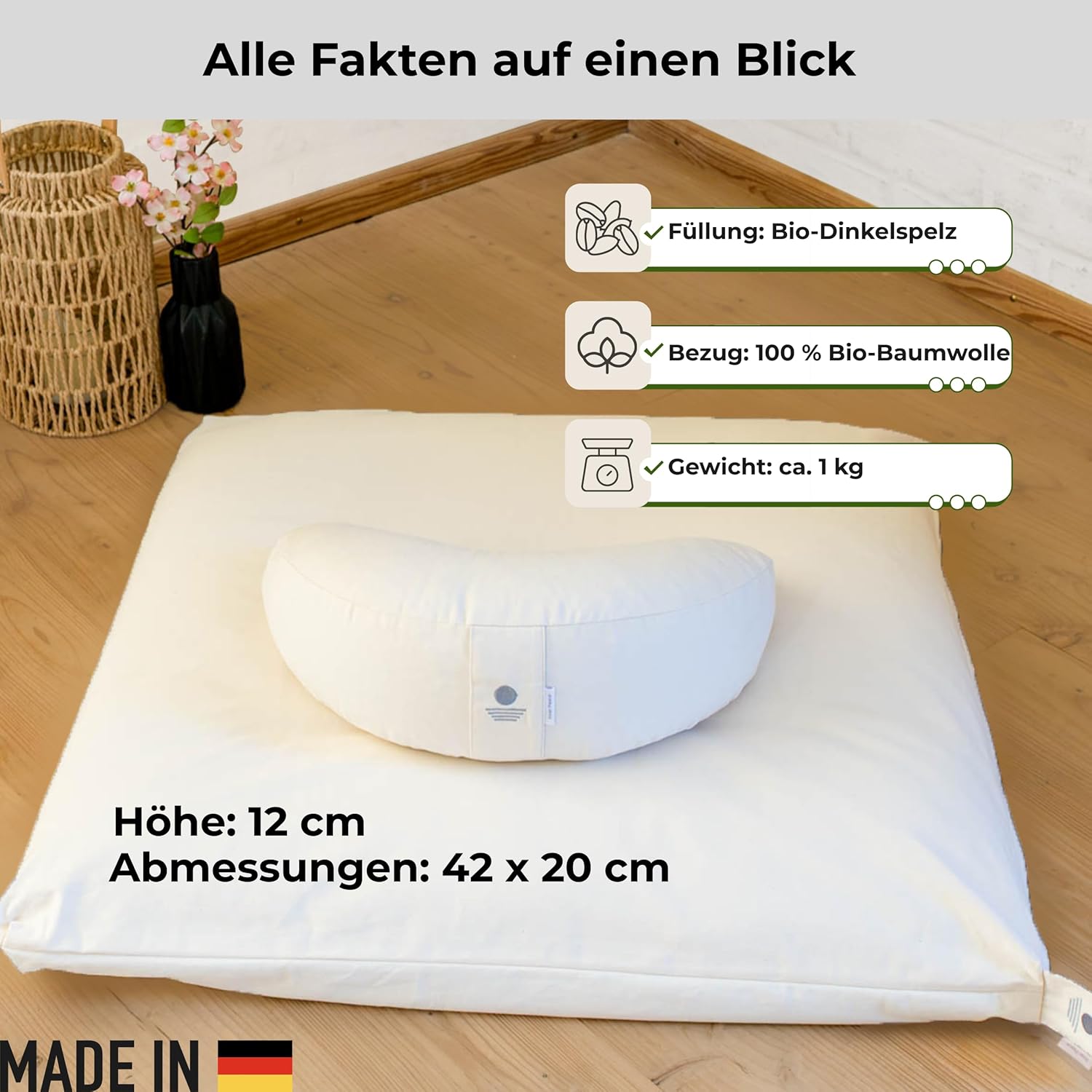 Inner Peace Halbmond-Yogakissen, Meditationskissen, hochwertiger Bezug aus 100 % Baumwolle, Yogakissen, Halbmondform mit Bio-Dinkelspelz, Halbmondkissen (natürlich) – Bild 4