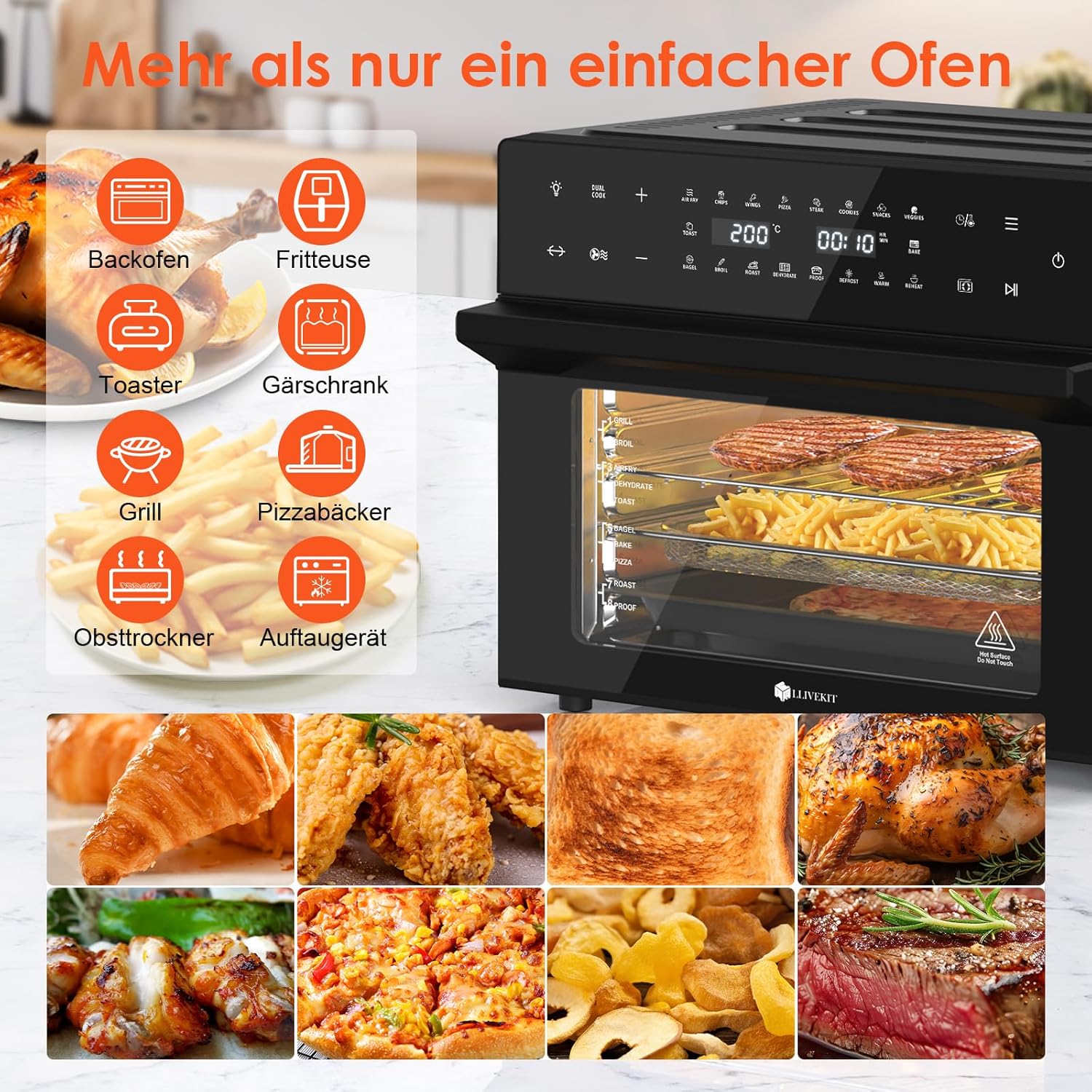 LLIVEKIT 30 L XXL Heißluftfritteuse, Mini-Ofen Konvektionsluft mit 20 Programmen und 9 Zubehörteilen, Mini-Ofen mit LED-Touchscreen, Airfryer-Ofen ohne Öl mit Sichtfenster, zwei Kochmodi, Rezeptbuch, 80 °C – 230 °C – Bild 7