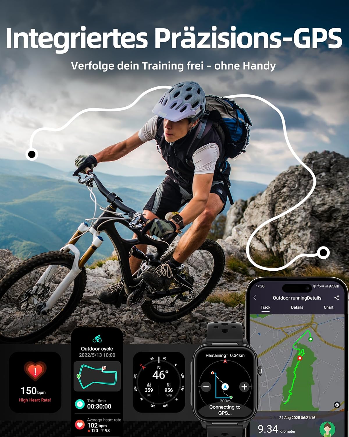 Parsonver Herren-Smartwatch mit integriertem GPS, 10 Tage Akkulaufzeit, Fitnessuhr mit Bluetooth-Anrufen, 100+ Sportmodi, Herzfrequenz, Schlaf, 400+ Zifferblätter, Kompass, (Schwarz, 1,95 Zoll) – Bild 2