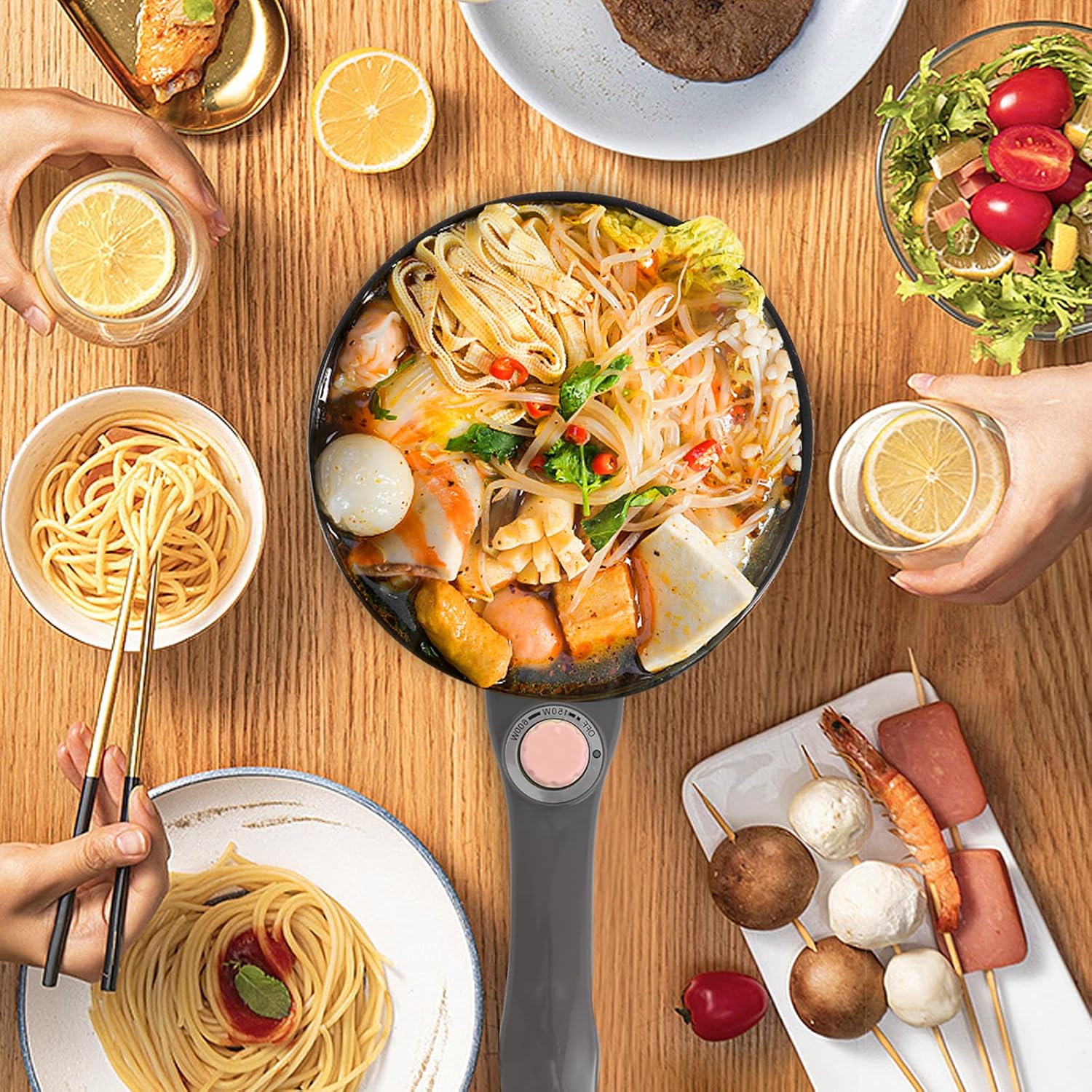 Audecook Elektrischer Hot Pot mit Dampfgarer, 1,5 l/20 cm elektrische Bratpfanne, Hotpot-Topf, antihaftbeschichtete Mini-Elektropfanne, Multikocher für Dorm Ramen, Steak (C (Rosa/1,5 l mit Dampfgarer)) – Bild 2