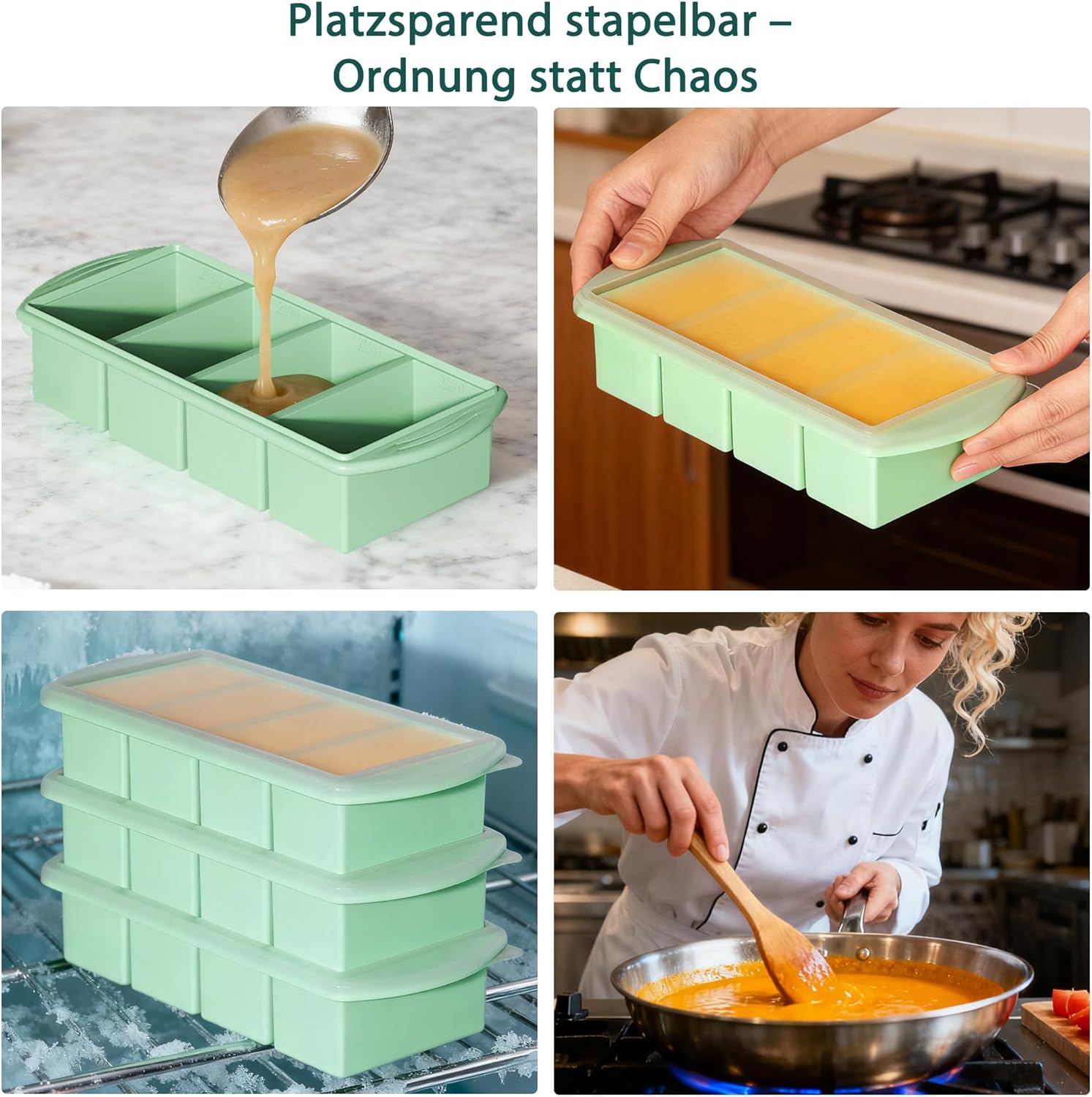 QUELIEN Souper Cube Silikon-Gefrierform mit Deckel – 1-Tassen-Schaufel für Suppe, Brühe und Aufläufe – BPA-freier stapelbarer Gefrierbehälter für die Zubereitung von Mahlzeiten in Mintgrün – Bild 7