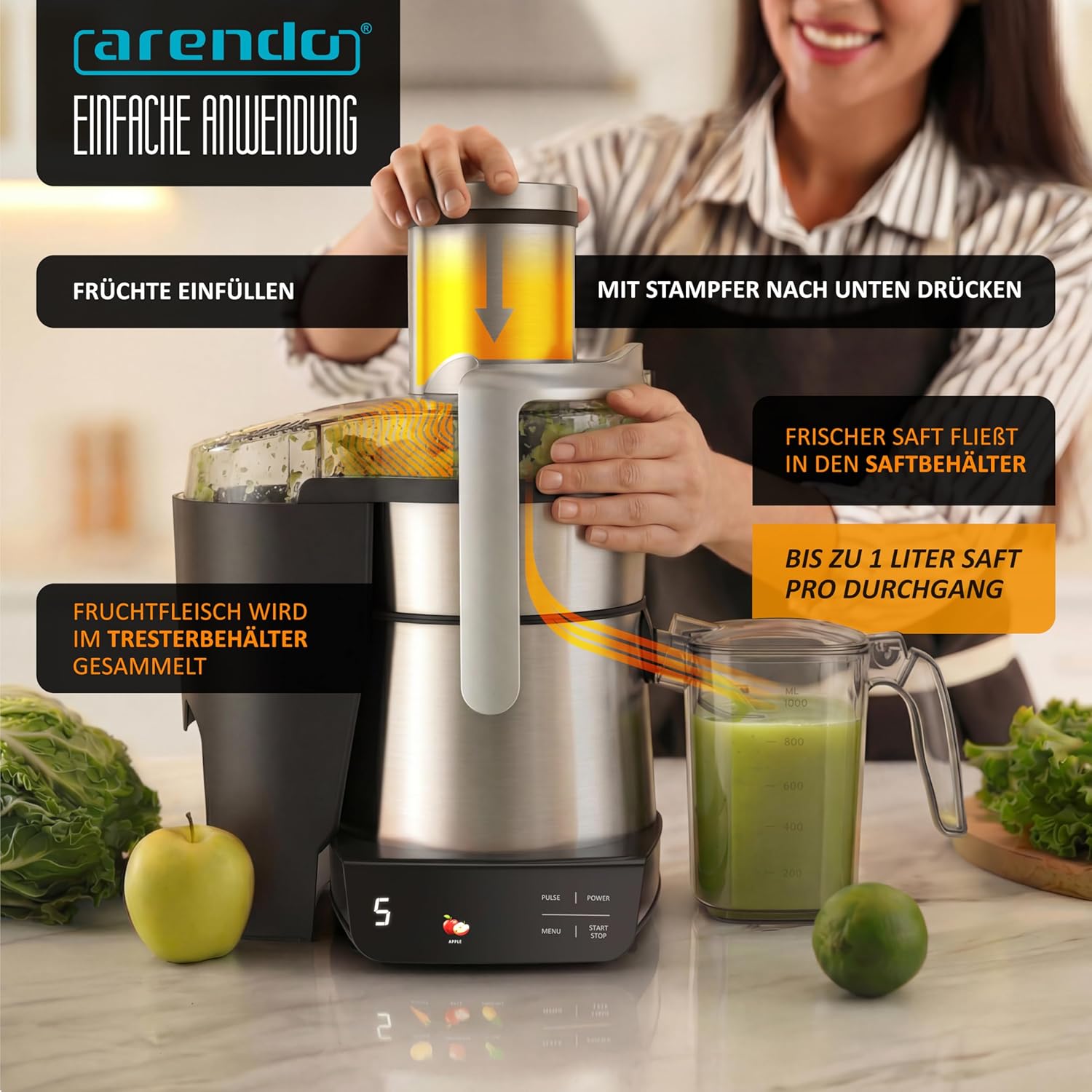 Arendo - Digitaler Entsafter mit Display - 1 Liter - 1000 Watt - XXL-Einfüllschacht - LED-Anzeige - Farbsymbole - Tropfschutz - Pulse-Funktion - Für Gemüse und Obst - Sicherheitsverriegelung - Inkl – Bild 3