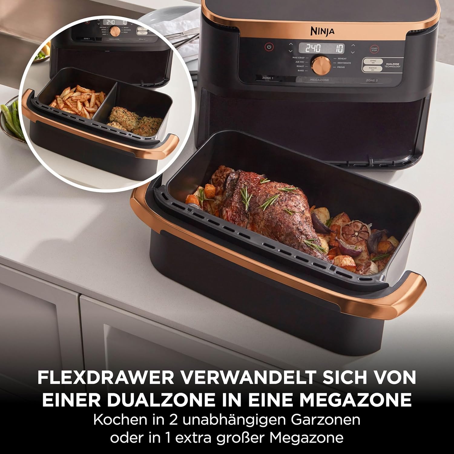 Ninja Foodi FlexDrawer Zweizonen-Heißluftfritteuse, Heißluftfritteuse mit 10,4 Fächern und abnehmbarem Separator, Antihaftbeschichtung, spülmaschinenfester Korb, 7-in-1, Schwarz und Kupfer, AF500EUCP – Bild 3