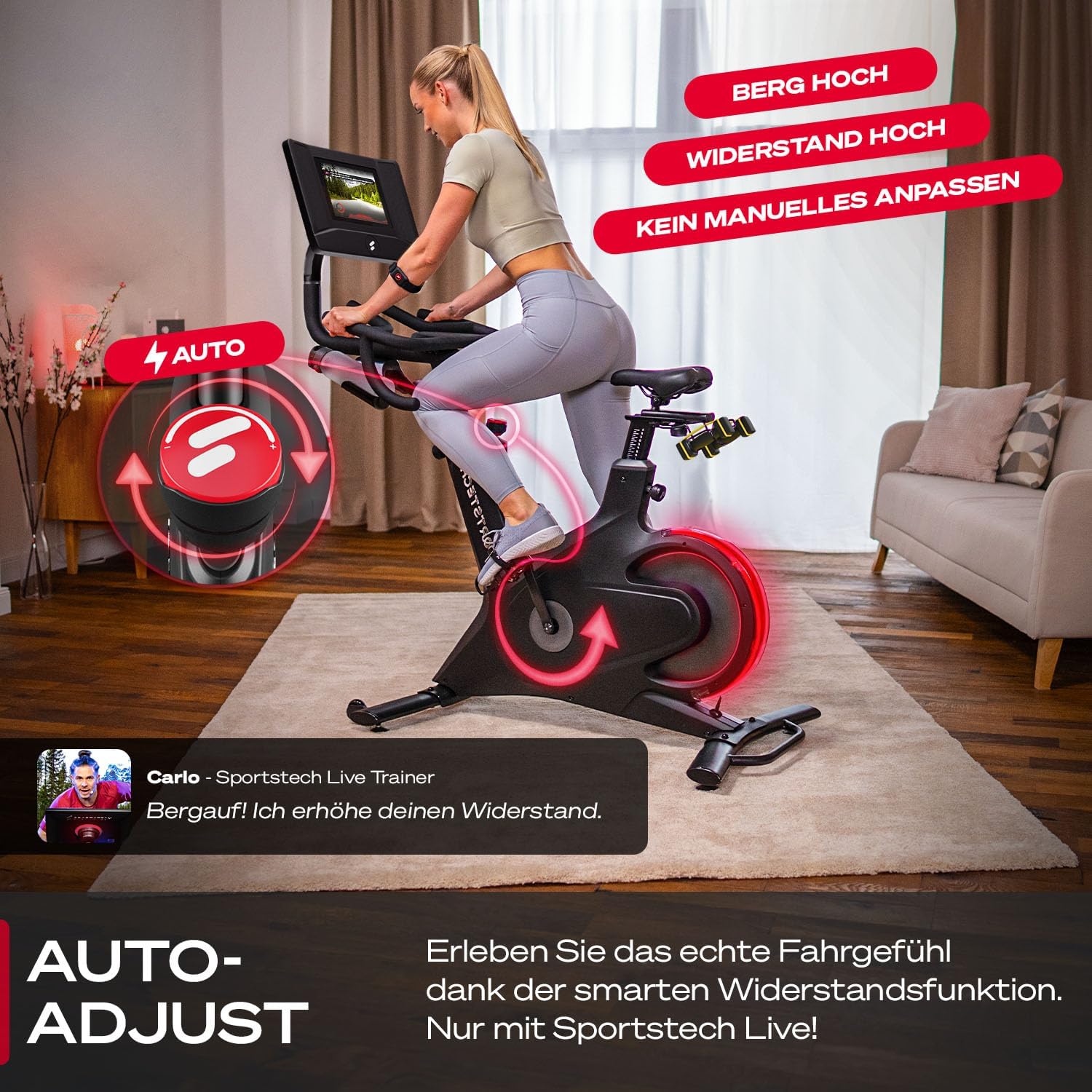 Sportstech Heimtrainer + 10,1" Touch Display - Deutsche Qualitätsmarke - APP mit Live Workouts & Kursen Fitnessbike mit patentierter LED Technologie, Ergometer, sBike – Bild 3