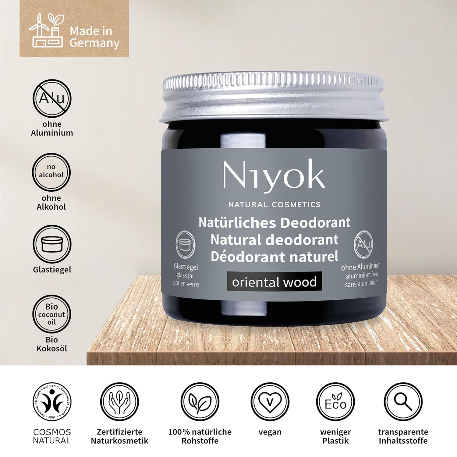 Niyok Oriental Wood 2-in-1 Anti-Transpirant Deo-Creme (40 ml), natürliches Deo ohne Aluminium, 24 Stunden Schutz vor Geruch und Schweiß, Deo-Creme, Unisex, feste Deo-Creme, vegan – Bild 3