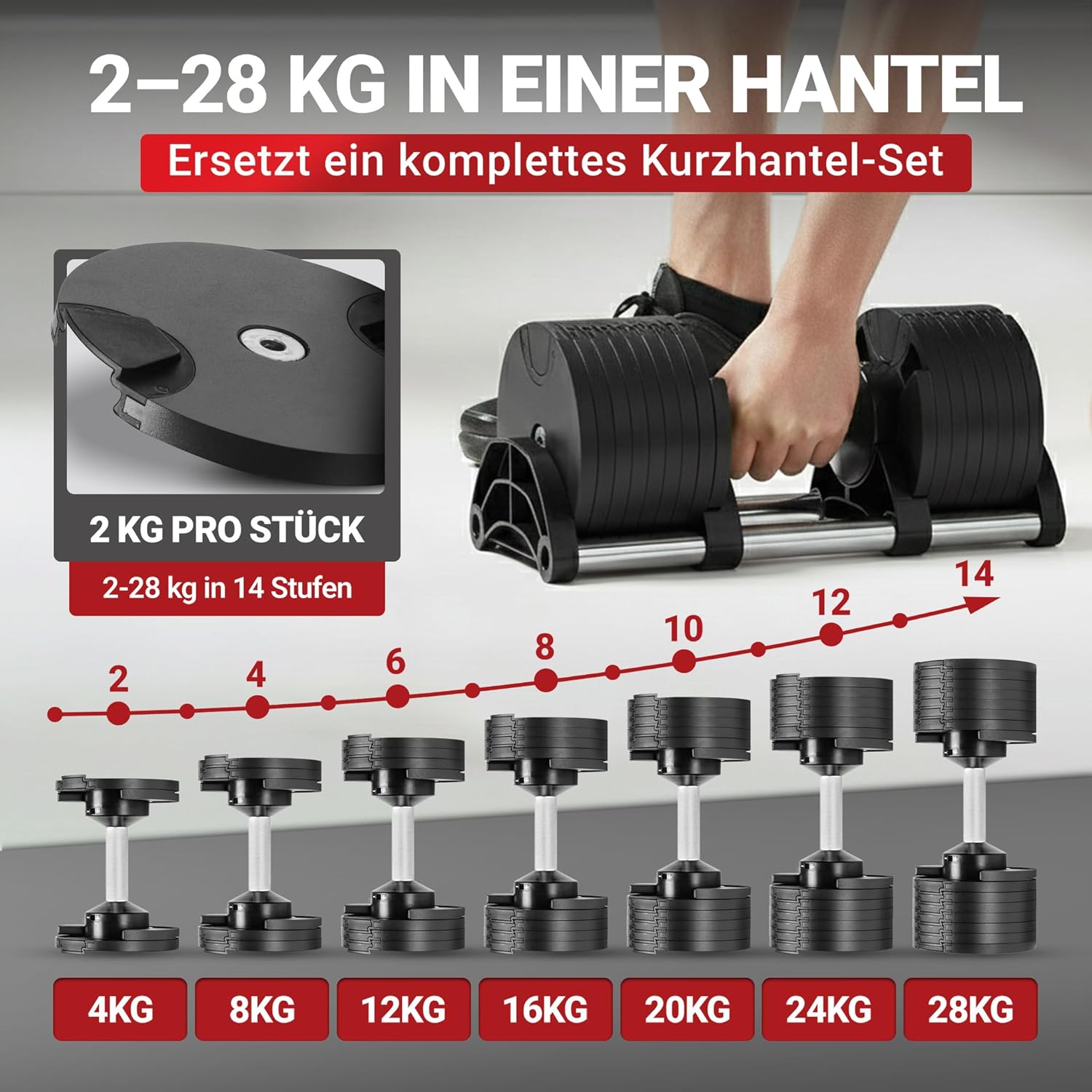Miweba Sporthantel VH200 | Profi-Hanteln – Hantelgewichte 2–28 kg – Hantel-Set – verstellbare Hanteln – Hantelscheiben aus Stahl – ergonomischer Griff – Hantel-Set – Kurzhantel – Bild 2