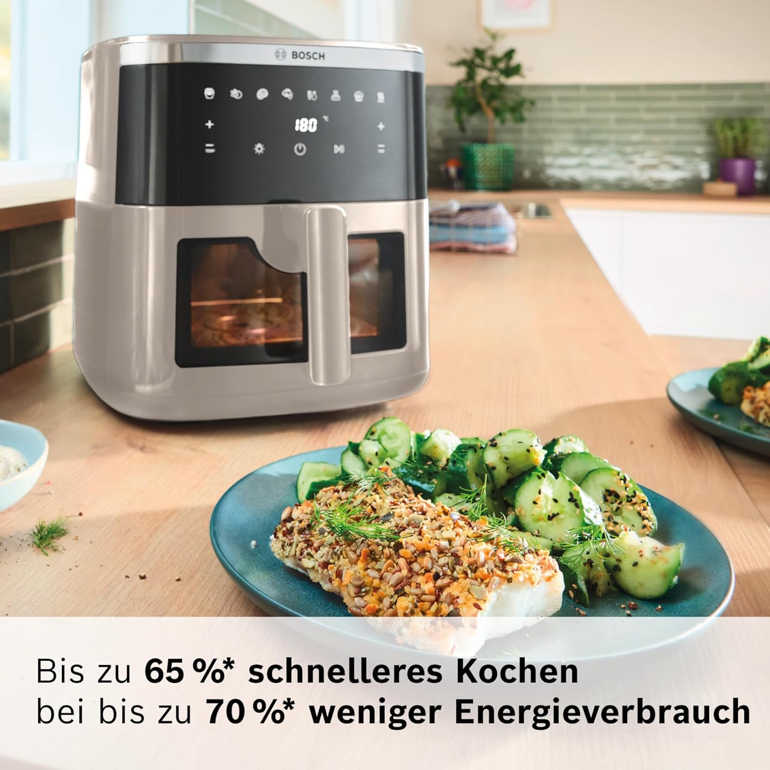 Bosch Heißluftfritteuse Serie 6, XXL-Luftfritteuse, Creme, 7,2 l Fassungsvermögen, beleuchtetes Sichtfenster, 7 voreingestellte Programme, bis zu 65 % schnelleres Garen, MAF671C0 – Bild 3