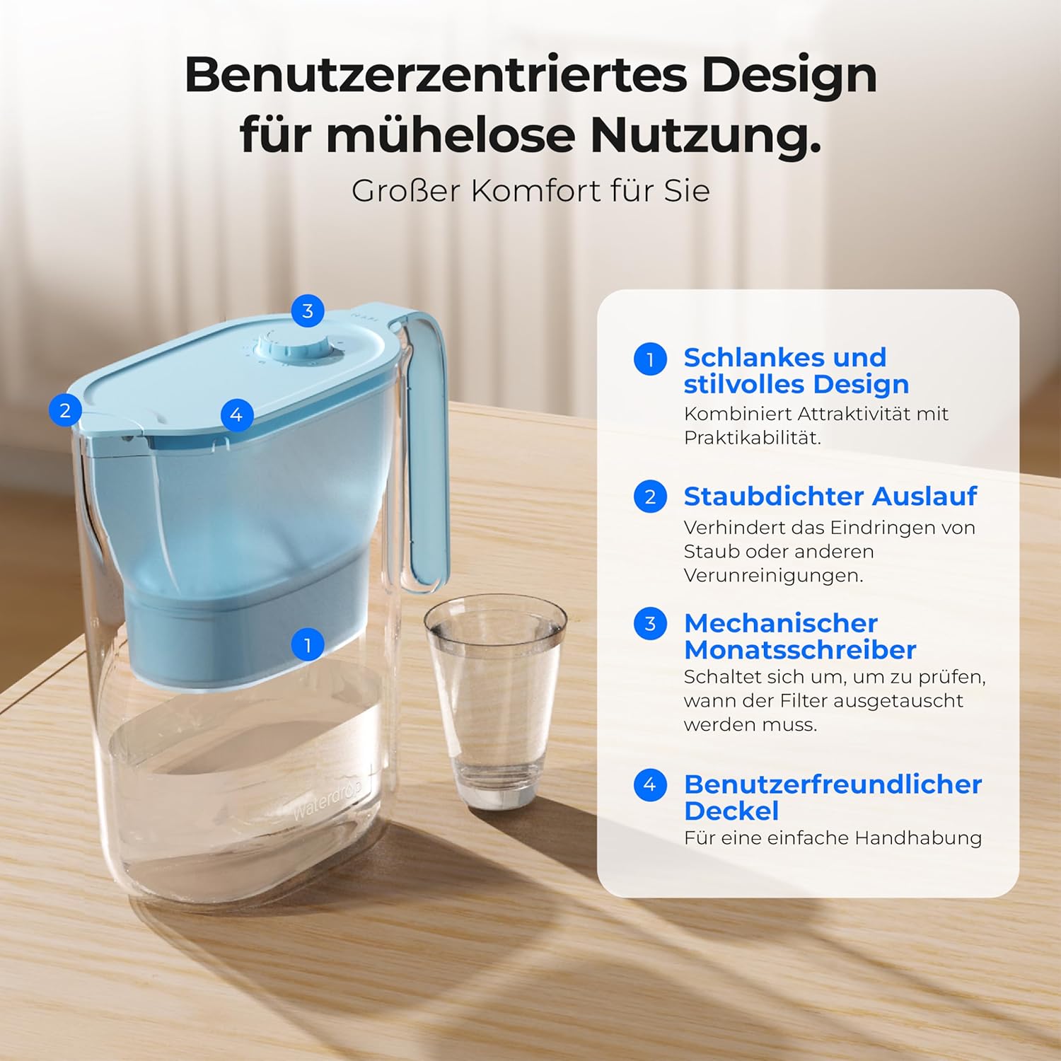 Waterdrop Wasserfilterkanne, Kühlschrank-Wasserfilterkanne mit 3-Monats-Filter, 2,5 l, reduziert Fluorid, Chlor und mehr, NSF-zertifiziert, BPA-frei, blau (Ersatzfilter: WD-PF-01A Plus) – Bild 7