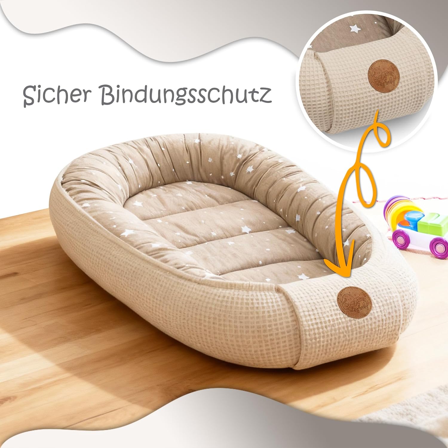 Babynest für Neugeborene/Babys, handgefertigter doppelseitiger Waffel-Pique-Baumwollkokon, 90 x 50 cm, Teddybären – Bild 4