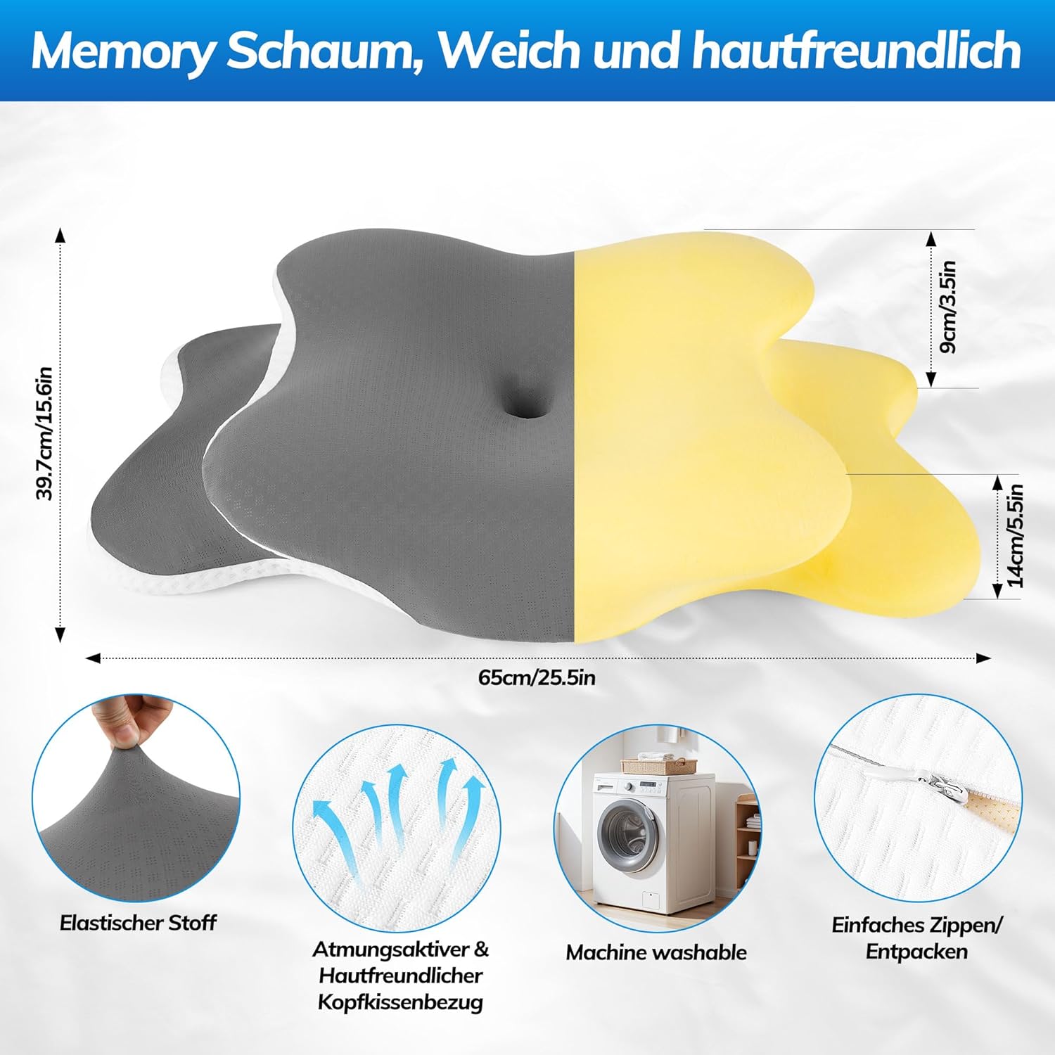 Orthopädisches Kissen, Memory-Schaum-Kissen, ergonomisches Kissen, reduziert Nackenschmerzen, Kopfschmerzen, Nackenstützkissen für Seiten-, Rücken- und Bauchschläfer, atmungsaktiv und waschbar – Bild 4