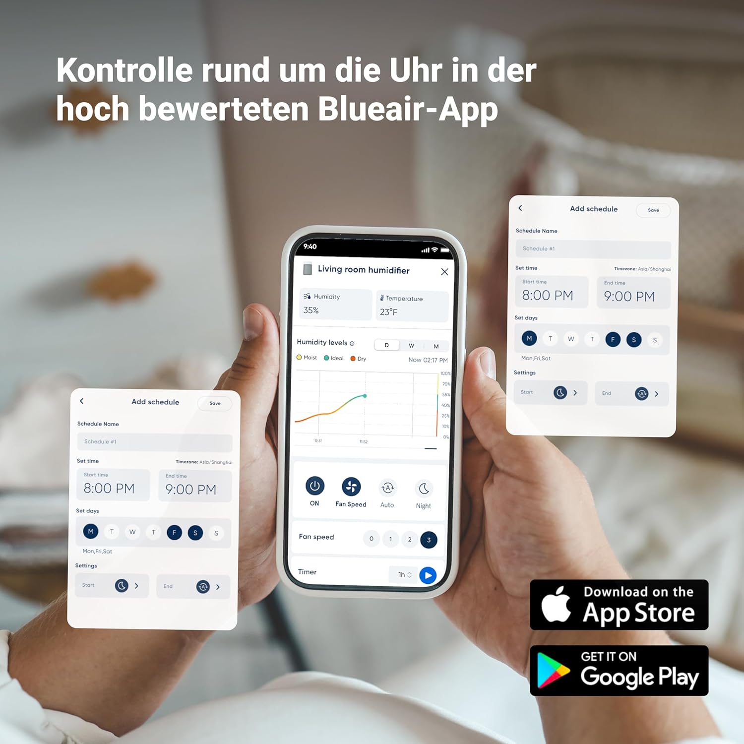 BLUEAIR Premium Smart Luftbefeuchter für Räume bis zu 46 m²: 3,5 l spülmaschinenfester Tank, besserer Schlaf dank Verdunstungstechnologie, Auto- und Nachtmodus – Bild 7