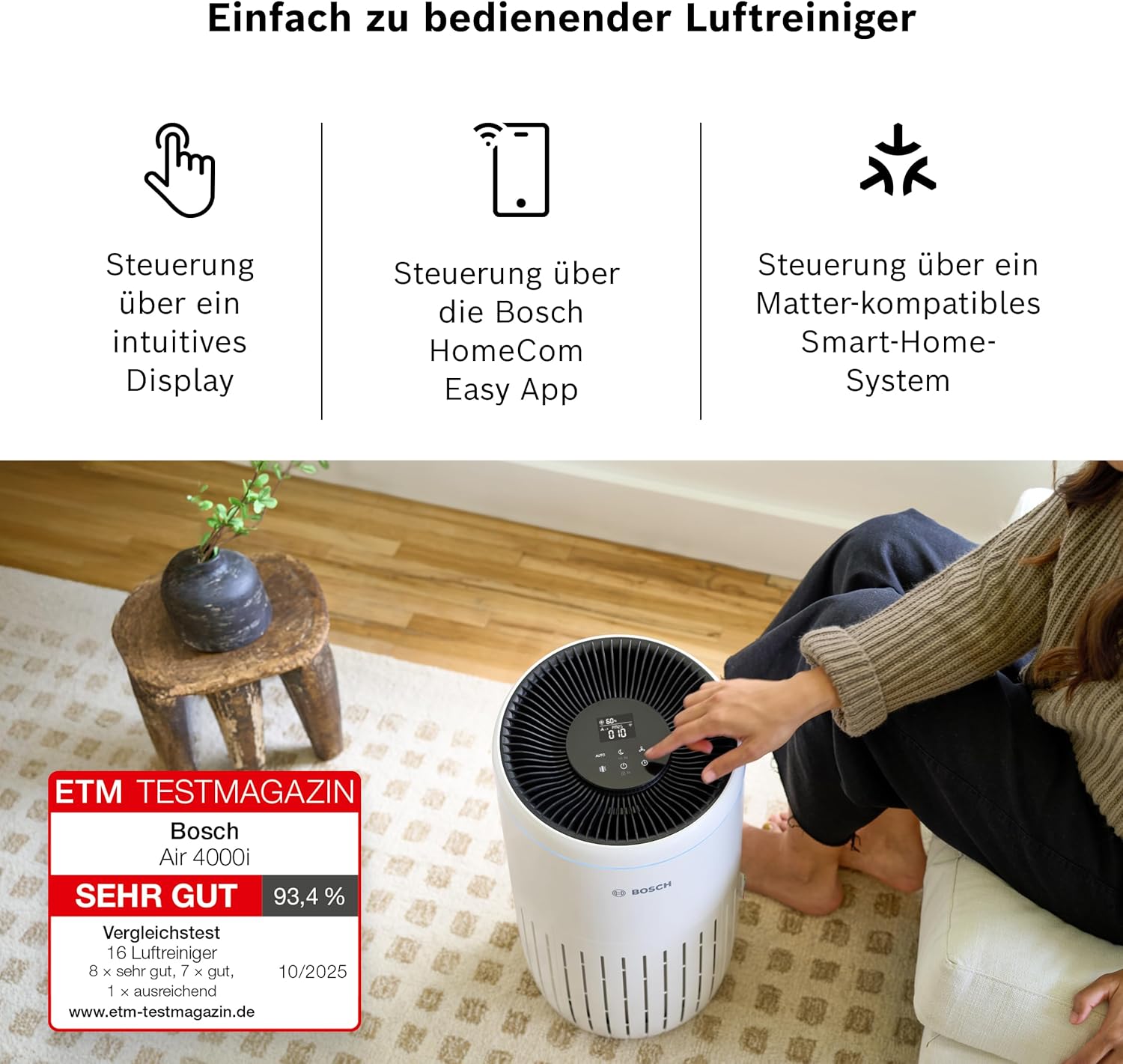 Bosch Air 4000i App-gesteuerter Luftreiniger – Für Räume bis 62,5 m² – Entfernt Schadstoffe – Mit 3-in-1-Luftfilter, Smart Sensor, Automatikmodus, Schlafmodus (< 25 dB(A)) – CADR: 300 m³/h – Bild 3