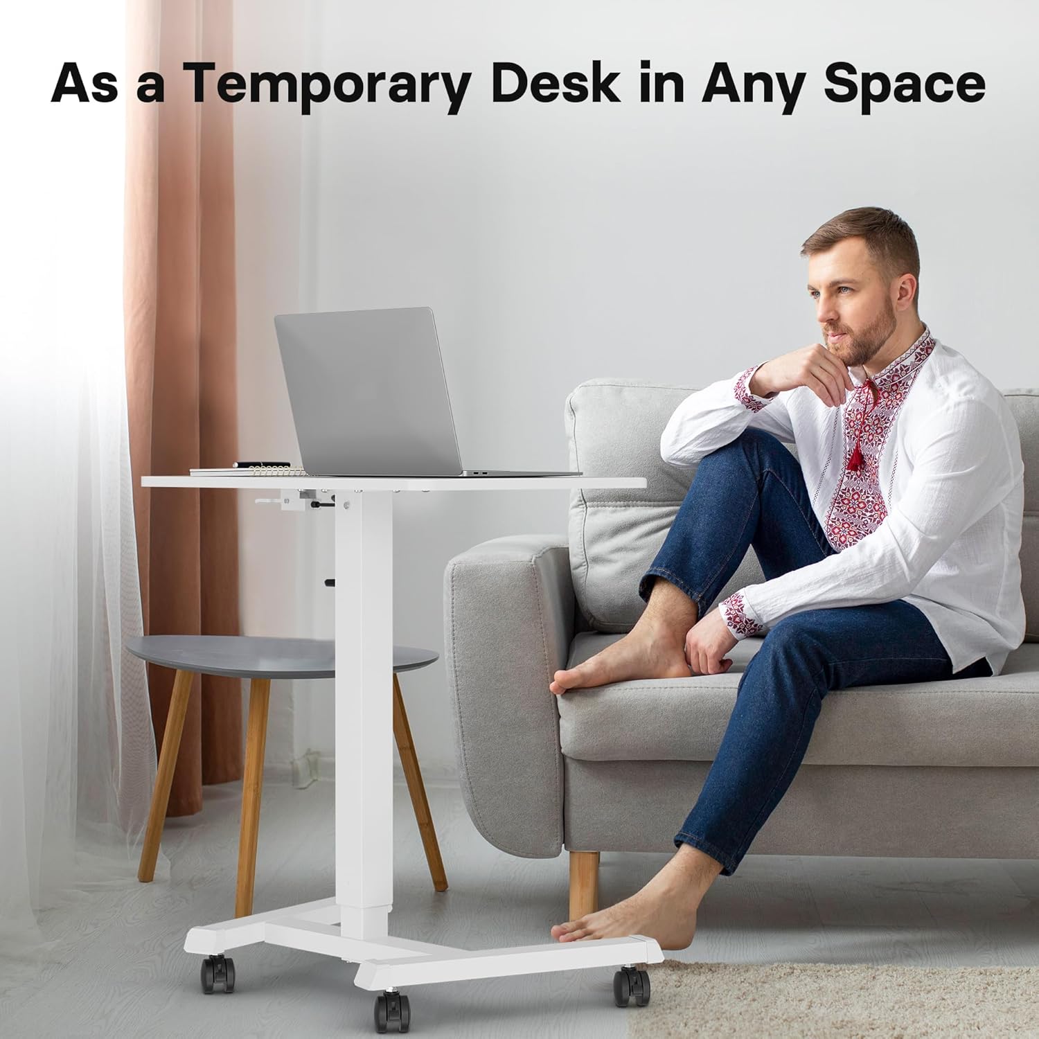 BONTEC 65 x 45 cm Stehpult, höhenverstellbarer Stehtisch mit 4 Rollen, Steh-Sitzschreibtisch mit Rollen, Überbetttisch für Wohnzimmer, Laptoptisch höhenverstellbar, max. 15 kg, weiß – Bild 7