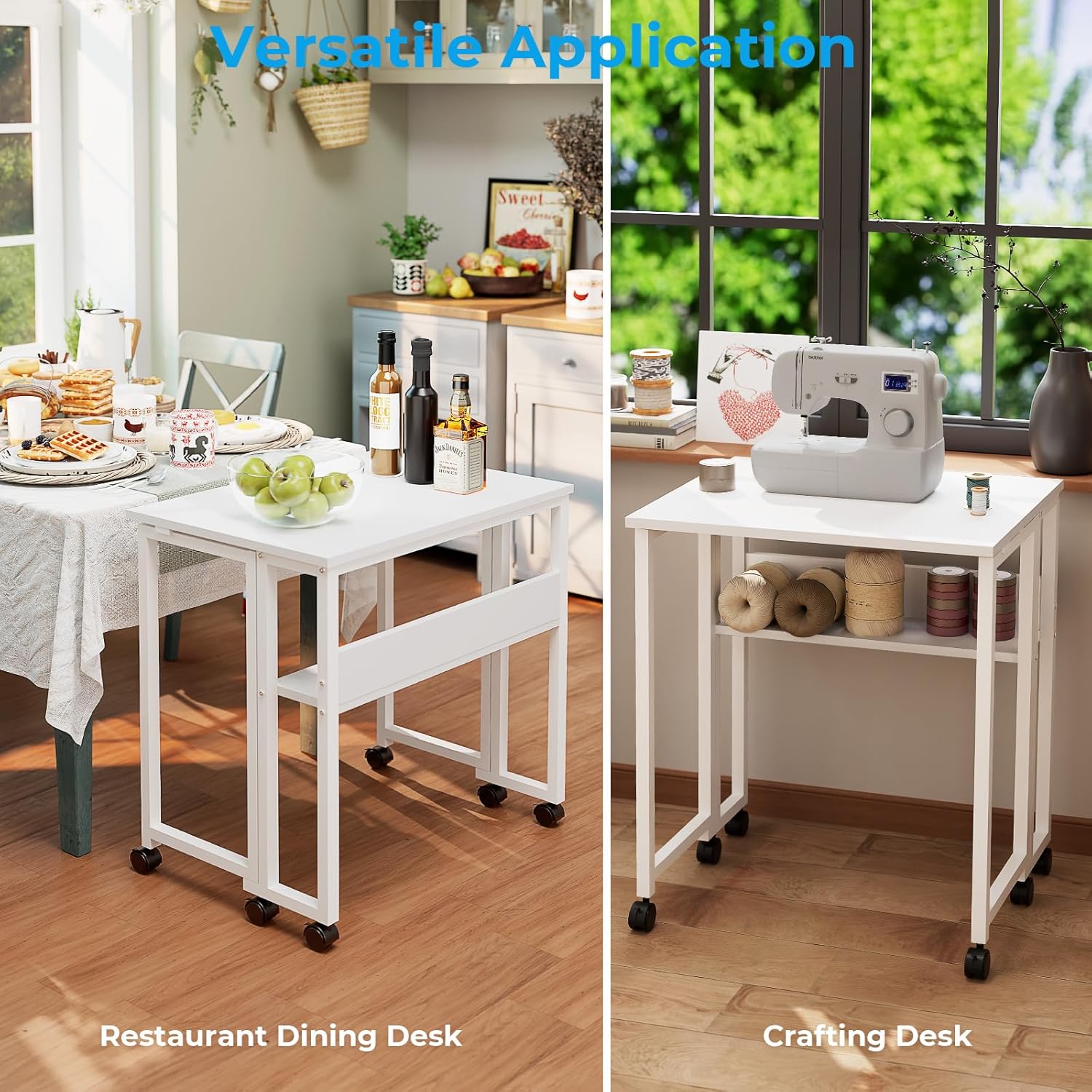 GreenForest Kleiner Klappschreibtisch, 63 cm Klappschreibtisch mit Rollen, einfach zu montierender Klappschreibtisch mit Stauraum, Home-Office-Klapptisch, Weiß – Bild 7