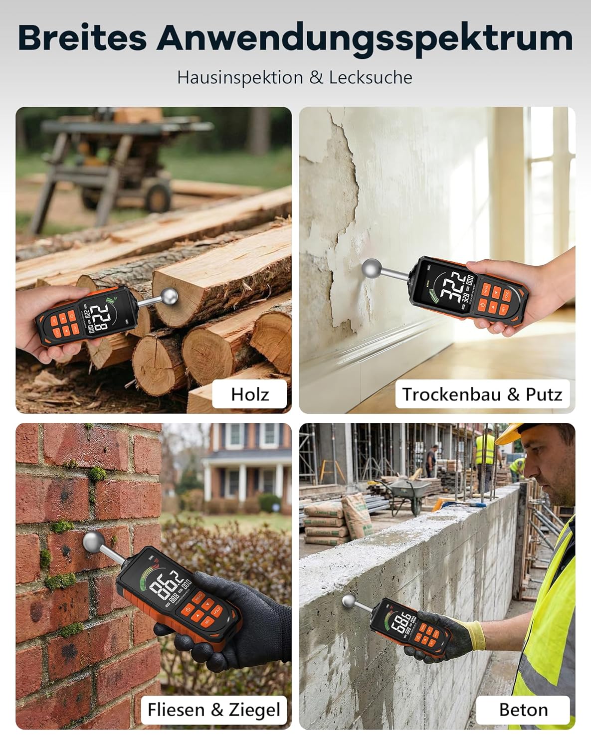 Feuchtigkeitsmesser für Wand und Holz, zerstörungsfreies Feuchtigkeitsmessgerät mit Kugelsensor, 40 mm Tiefenscan, wiederaufladbarer USB-C-LCD-Farbbildschirm-Feuchtigkeitsmesser für Beton, Estrich, Wohnmobil-Inspektion – Bild 3