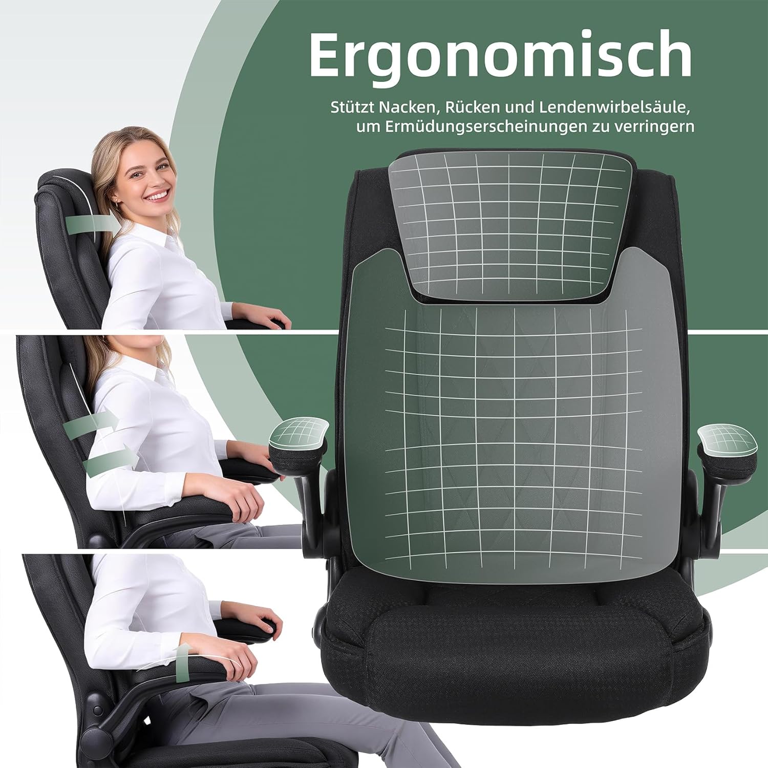 Youhauchair Ergonomischer Bürostuhl, Schreibtischstuhl mit hoher Rückenlehne und höhenverstellbar, Drehstuhl mit Kopfstütze, bequem, Chefsessel für Büro, Schwarz – Bild 6