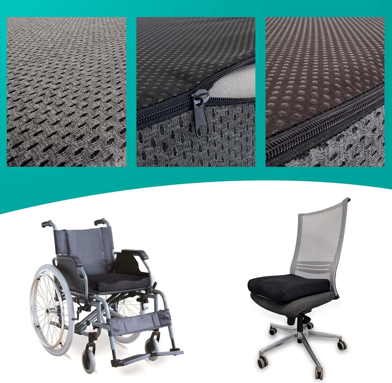 Sitzkissen Orthopädischer Memory-Schaum + HR-Schaum 42 x 42 x 8 cm – Orthopädisches Sitzkissen, Dekubitus-Sitzkissen, Rollstuhl-Sitzkissen – waschbarer Bezug Valentia Medical – Bild 4