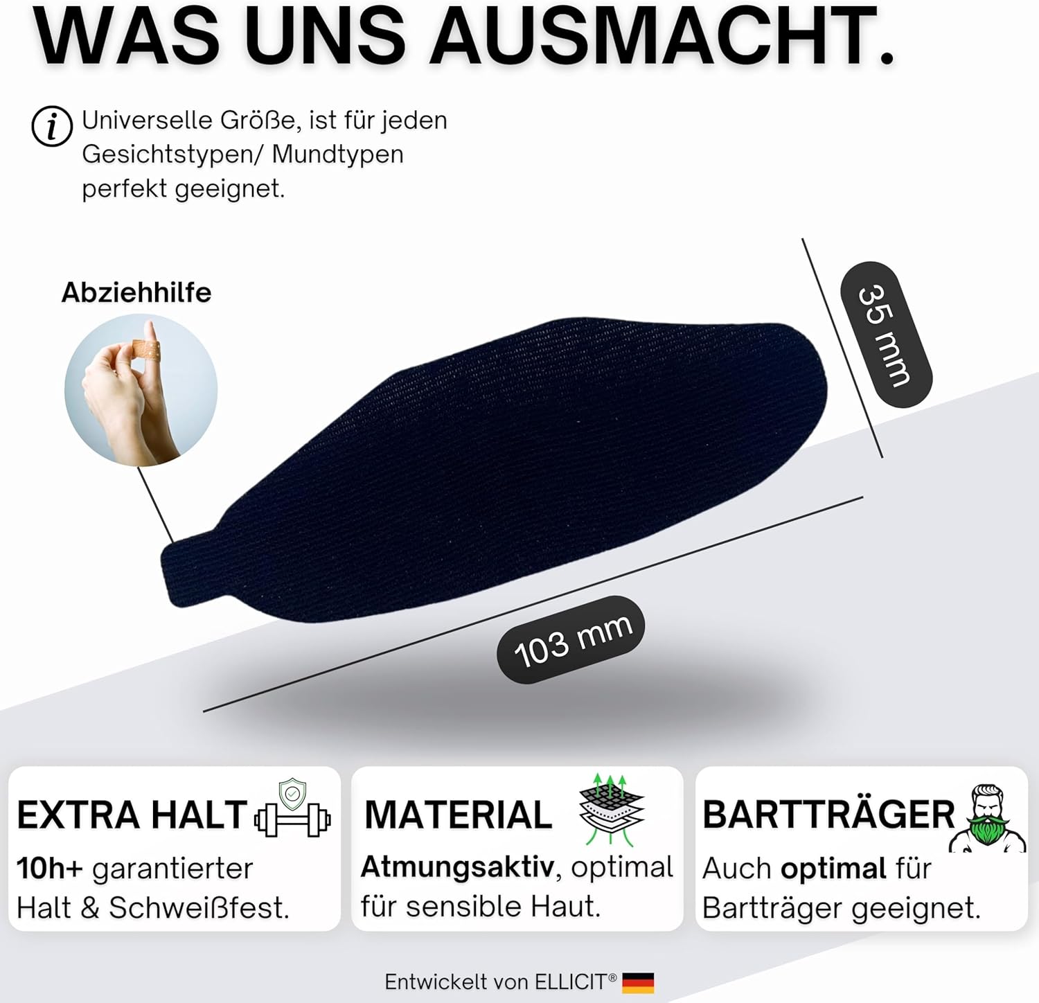 El licit Schlaf-Mundpflaster, 30 Stück, Premium-Mundband zum Schlafen, dezent aromatisiert, Schnarchpflaster gegen Schnarchen, optimaler Halt auch bei Bart, 95 % Baumwolle (angenehme Universalgröße) – Bild 4