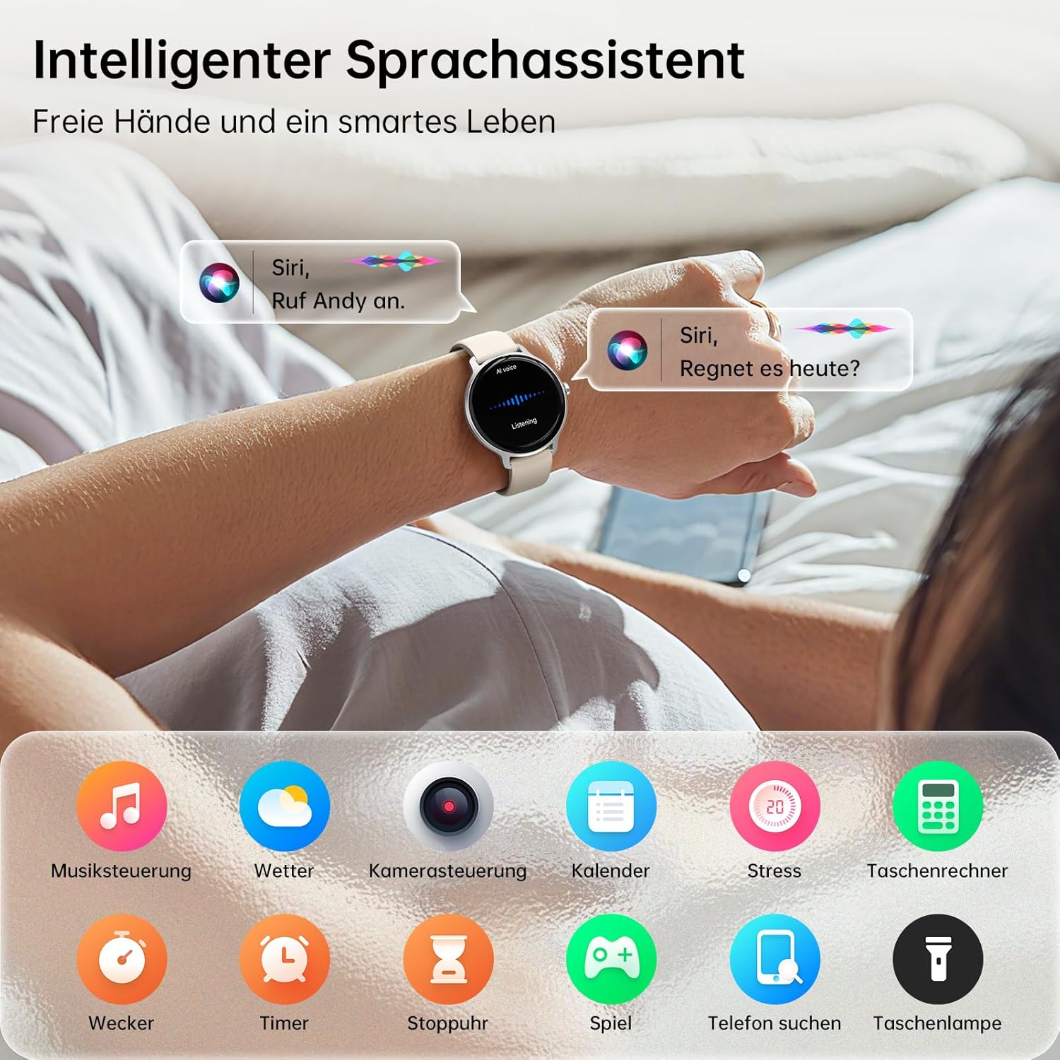 Smartwatch Damen Herren rund 1,27 Zoll AMOLED Smartwatch mit Telefonfunktion, Fitnessuhr mit Herzfrequenzmesser SpO2 Schlafmonitor Schrittzähler 120+ Sportmodi Sportuhr IP68 Wasserdicht für iOS Android Beige – Bild 7