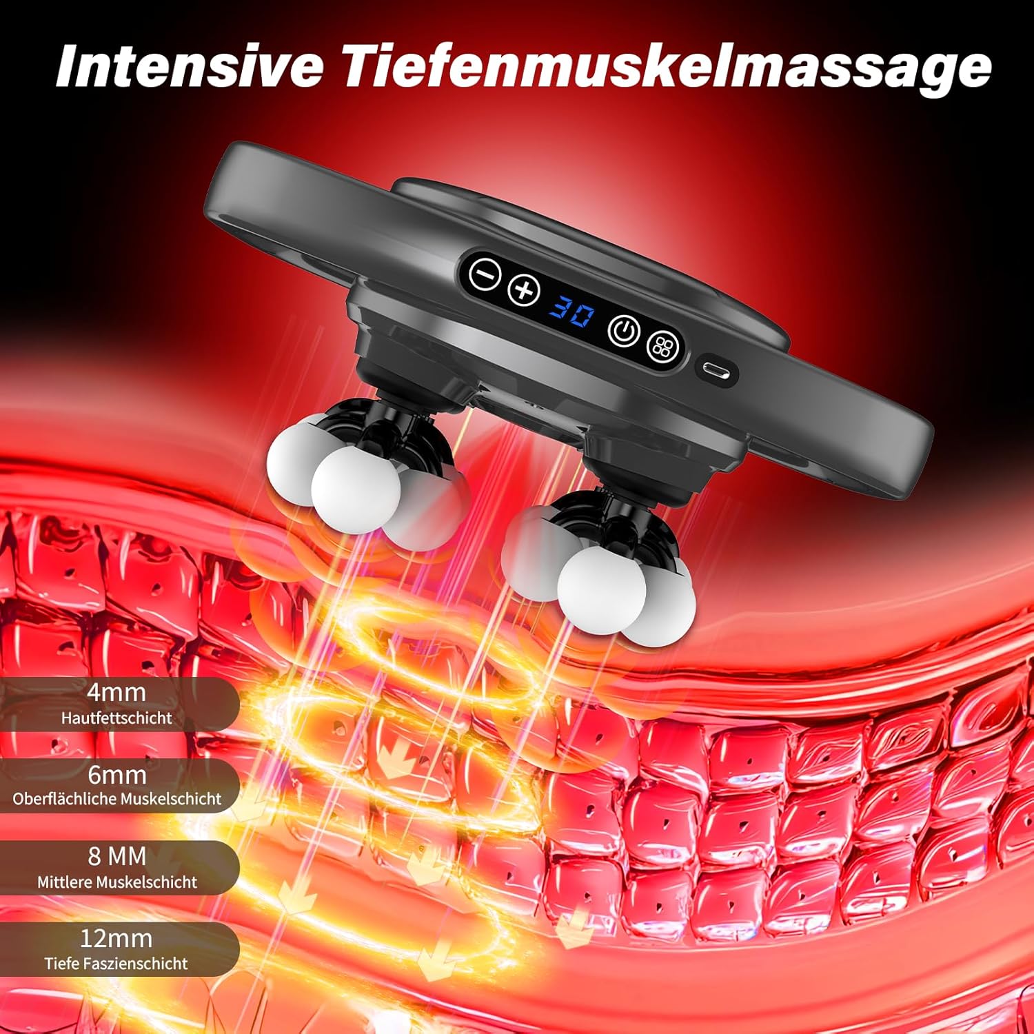 Massagepistole mit 16 Köpfen, 3 Modi & 30 Intensitäten – Elektrisches Tiefengewebe-Massagegerät für tägliche Muskelentspannung an Rücken, Beinen & Nacken – Bild 5