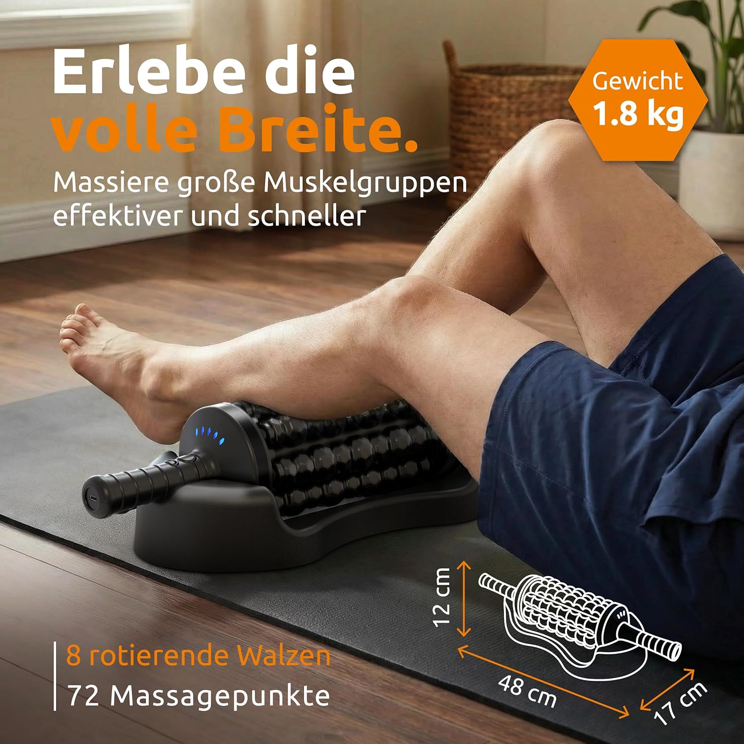 Elektrischer Faszienroller – 8 rotierende Rollen mit Klopfmassage statt Bodengymnastik – Elektrischer Massageroller mit Griff & Fußstation – Tiefenroller für Rücken, Nacken & Beine (Schwarz) – Bild 5