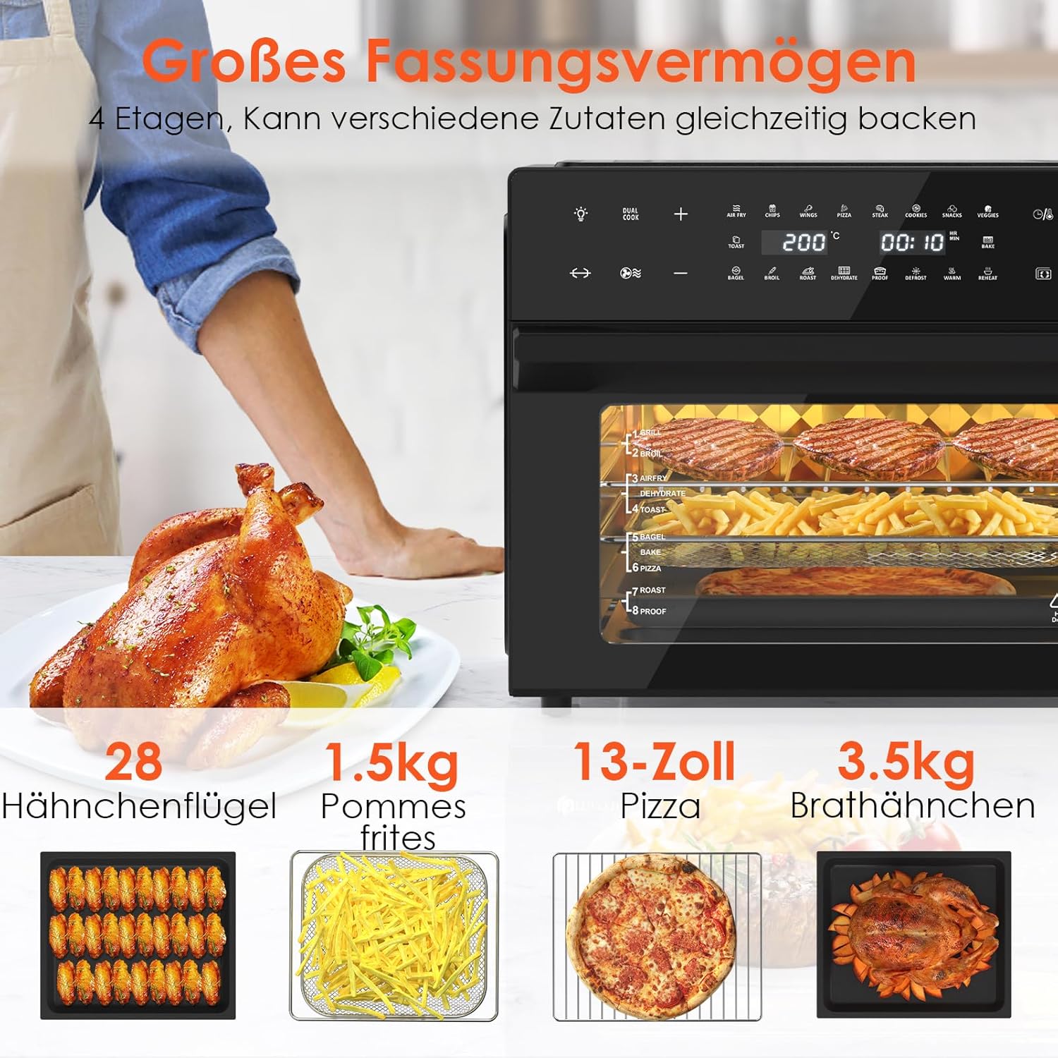 LLIVEKIT 30 L XXL Heißluftfritteuse, Mini-Ofen Konvektionsluft mit 20 Programmen und 9 Zubehörteilen, Mini-Ofen mit LED-Touchscreen, Airfryer-Ofen ohne Öl mit Sichtfenster, zwei Kochmodi, Rezeptbuch, 80 °C – 230 °C – Bild 4